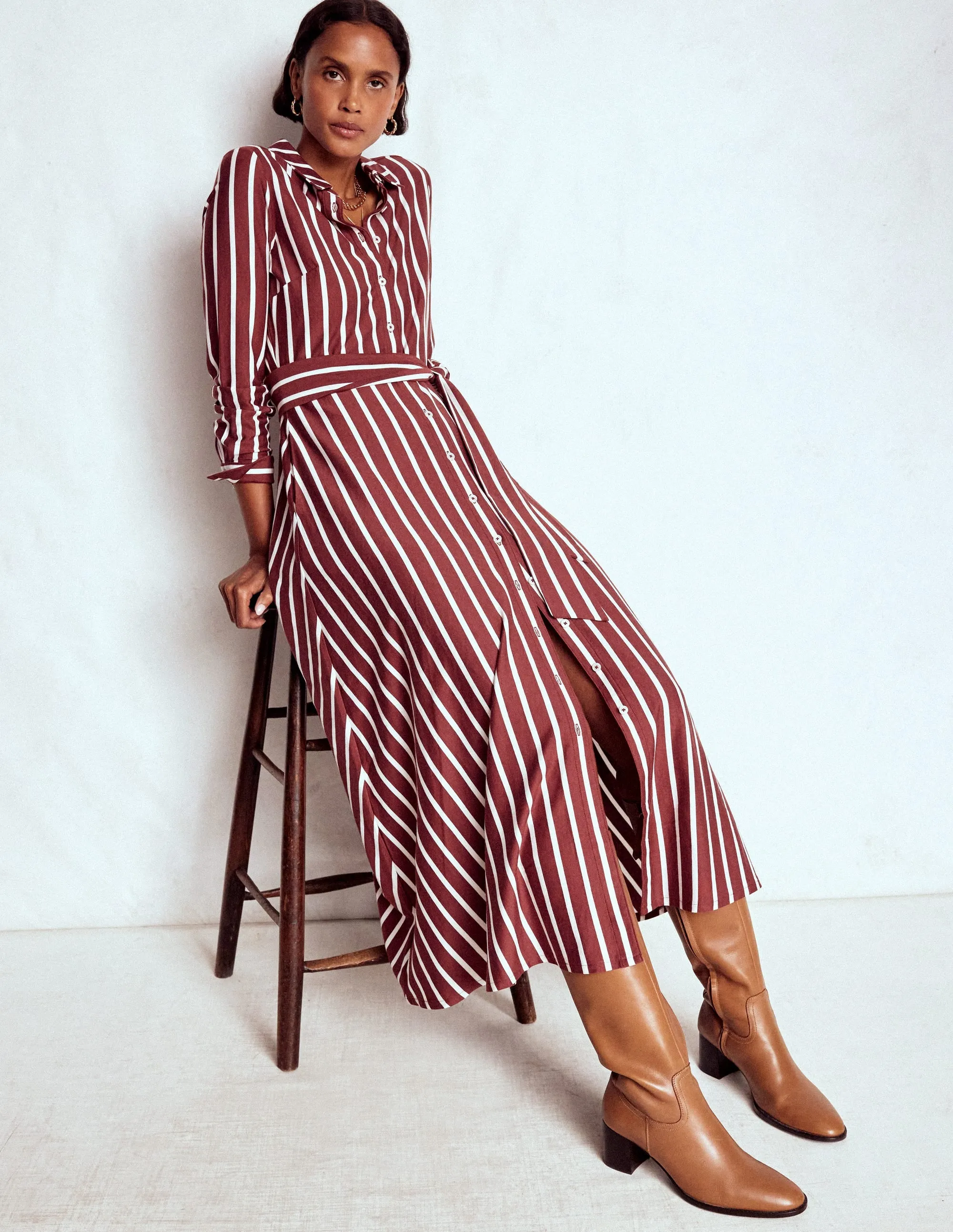Marcia Jersey Shirt Dress-Chestnut and Ivory Stripe Modern Feminine Sunset Glow