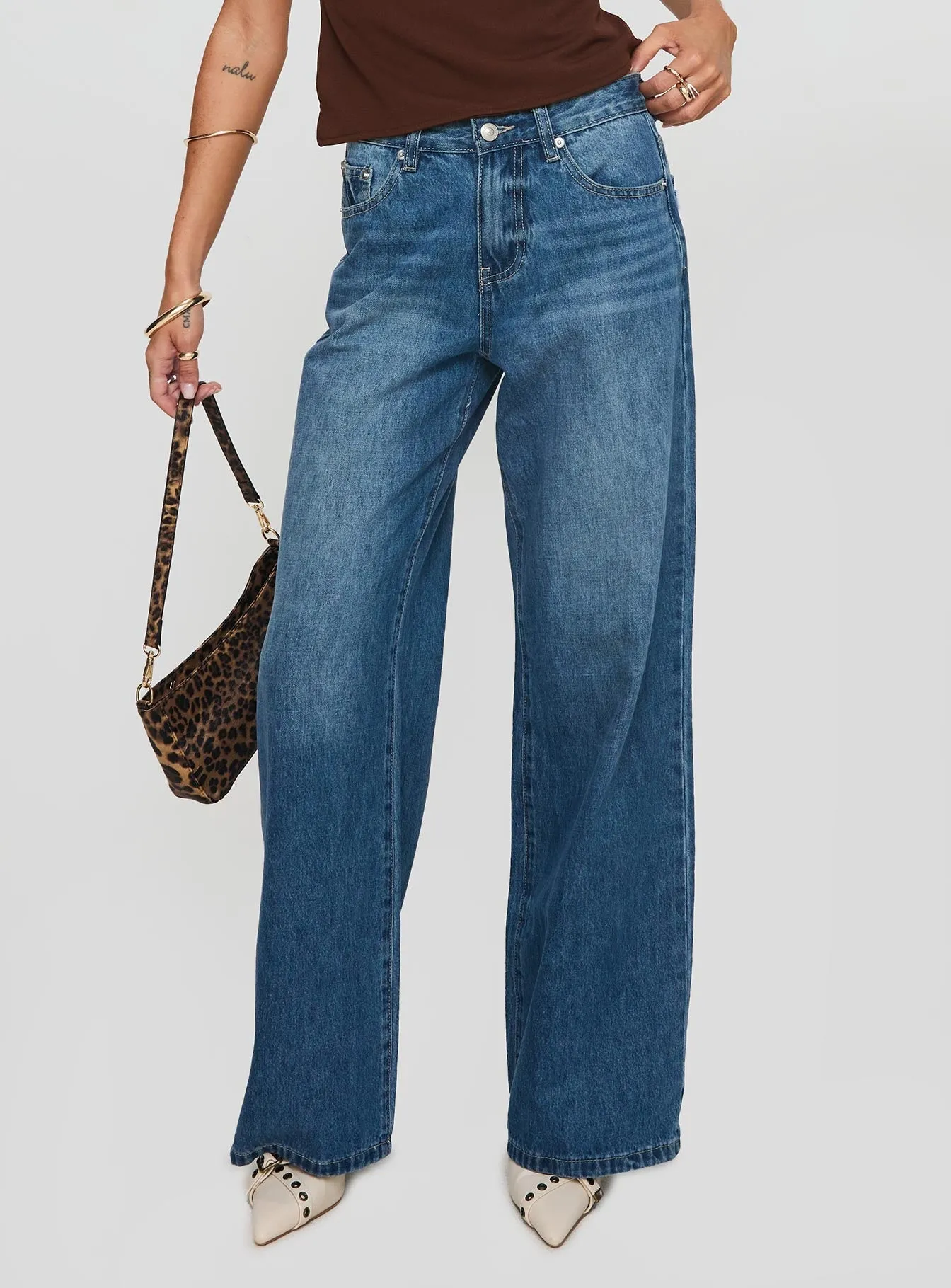 Colemane Mid Rise Denim Jeans Mid Blue Picnic Style Textured