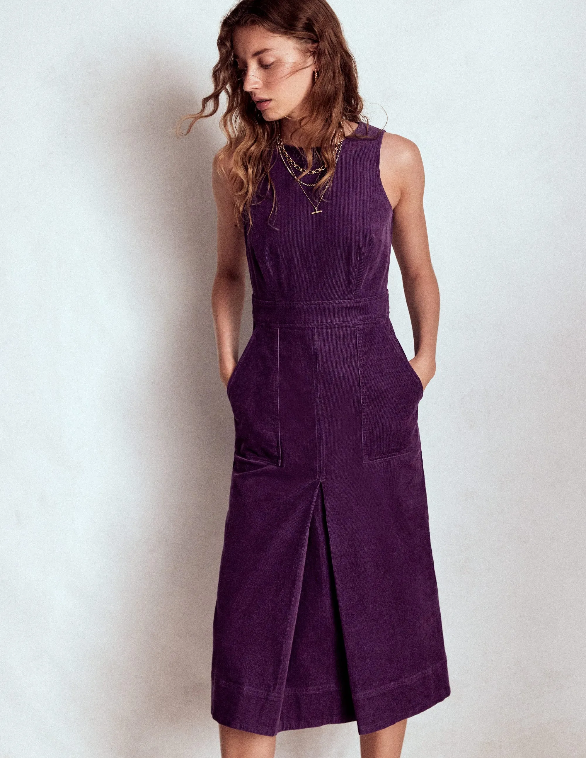 Ula Box Pleat Cord Midi Dress-Viola Purple Sea View Work Ready