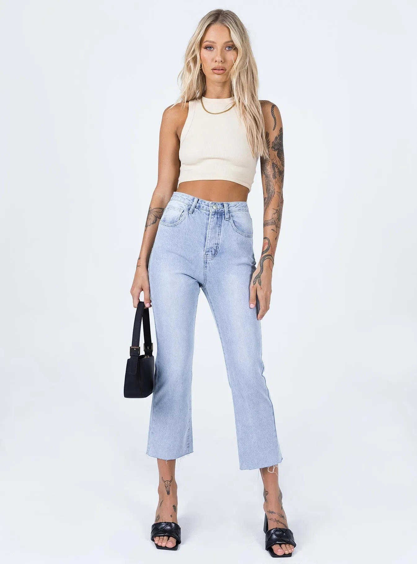 Neutral Style Flexible Waistband Construction Angela Cropped Jeans Light Wash Denim