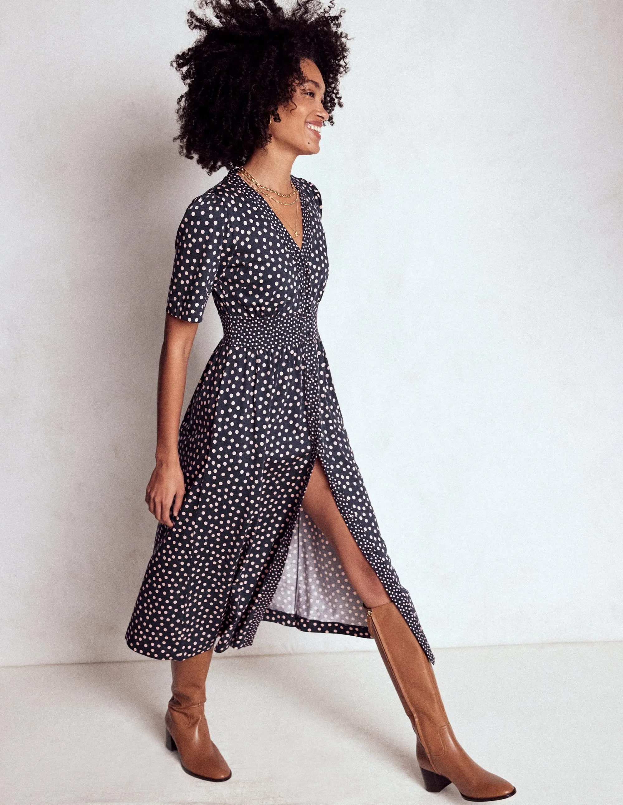 Natalia Jersey Tea Dress-French Navy, Ballet Slipper Bohemian-inspired midi Classic Design