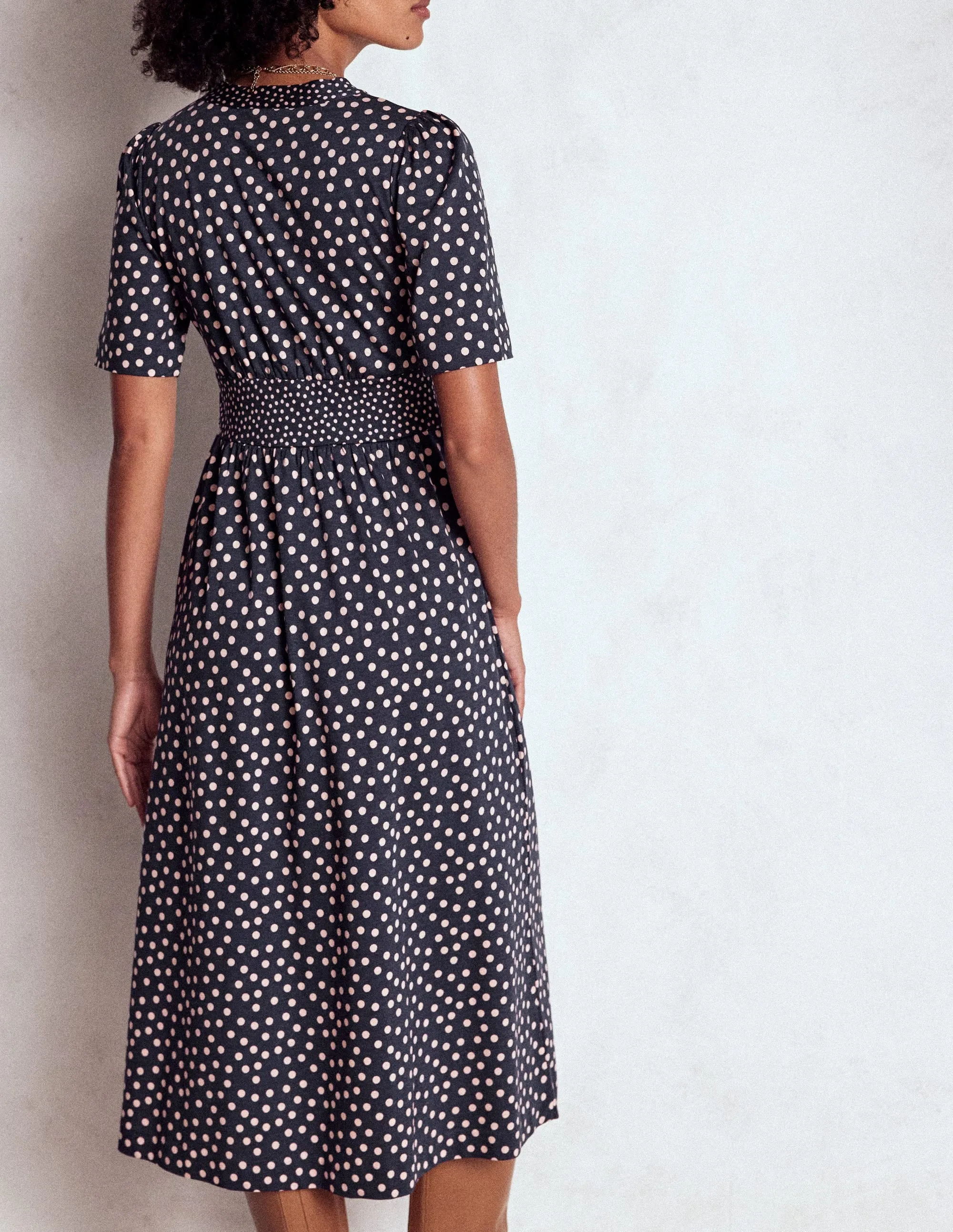 Natalia Jersey Tea Dress-French Navy, Ballet Slipper Meadow Bloom
