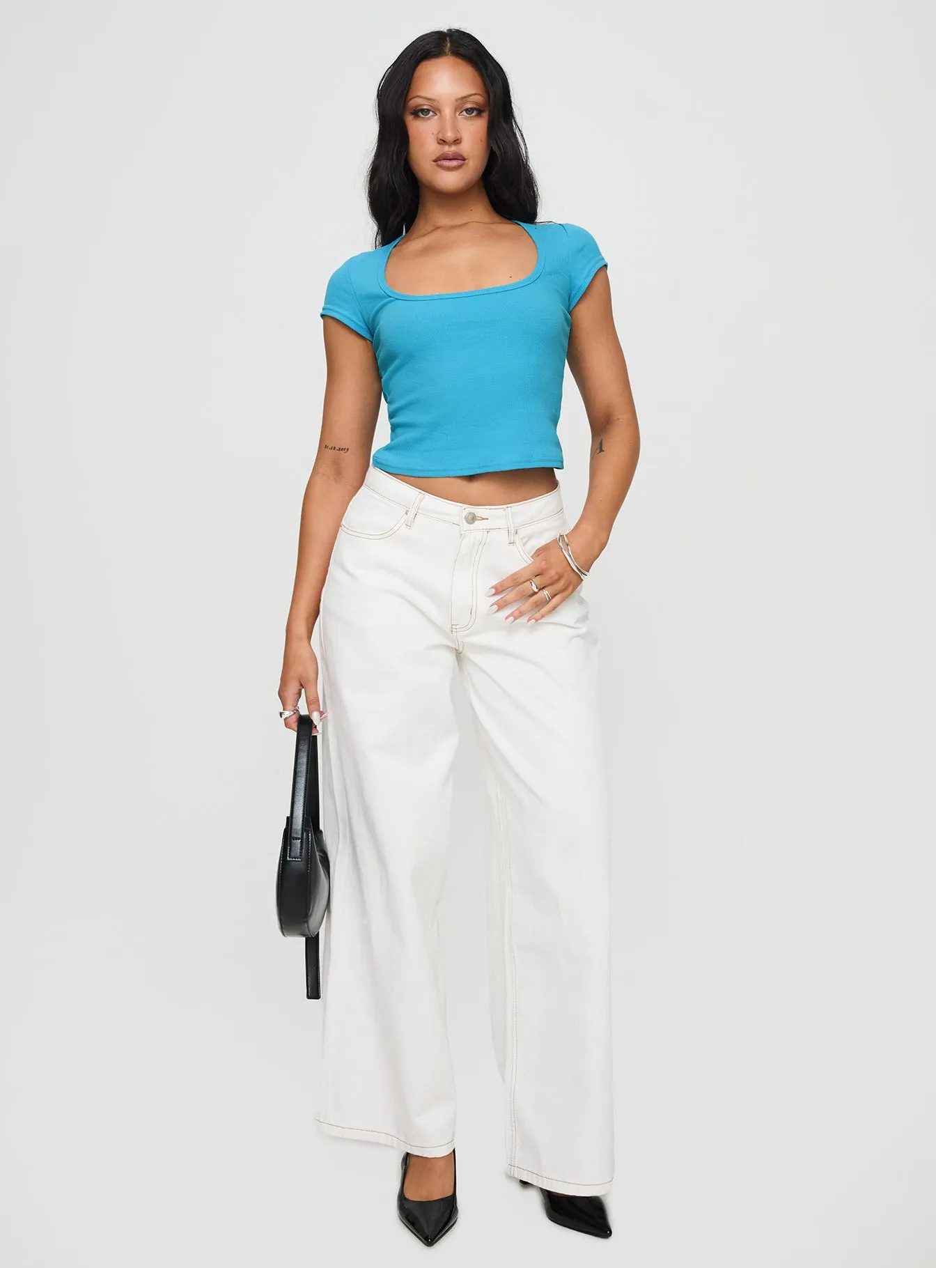 Ribbed Collar Trim Seasonal Casual Baseline Square Neck Rib Top Blue