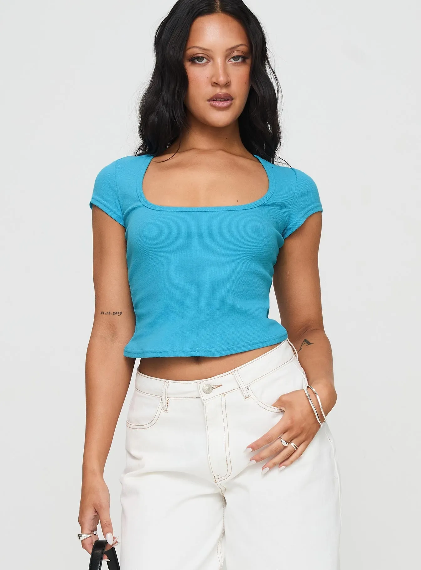 Baseline Square Neck Rib Top Blue Cozy And Warm
