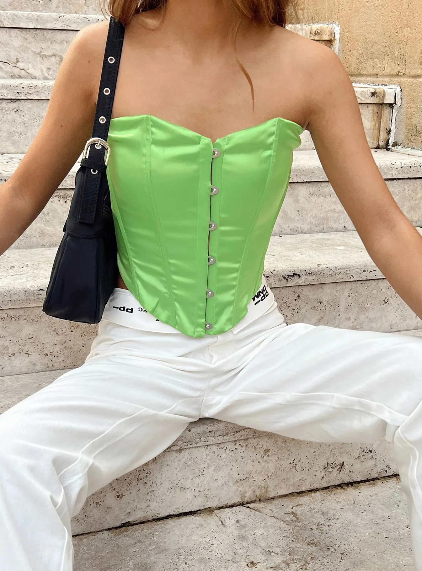 In The Moment Strapless Top Green Stretch Fit Top Friction Resistant Finish