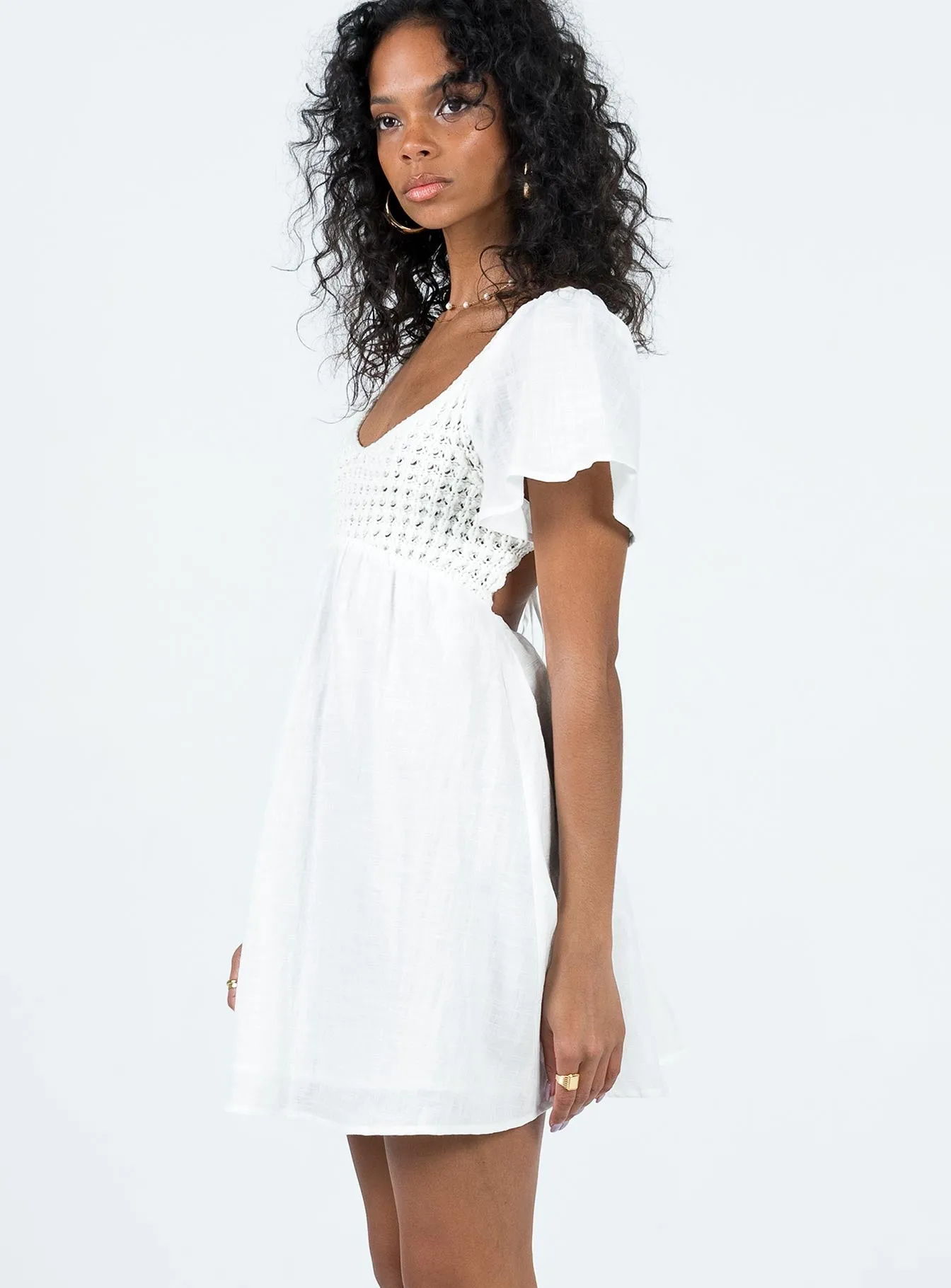 Derena Crochet Bust Mini Dress White Double Layered Hem Casual Look