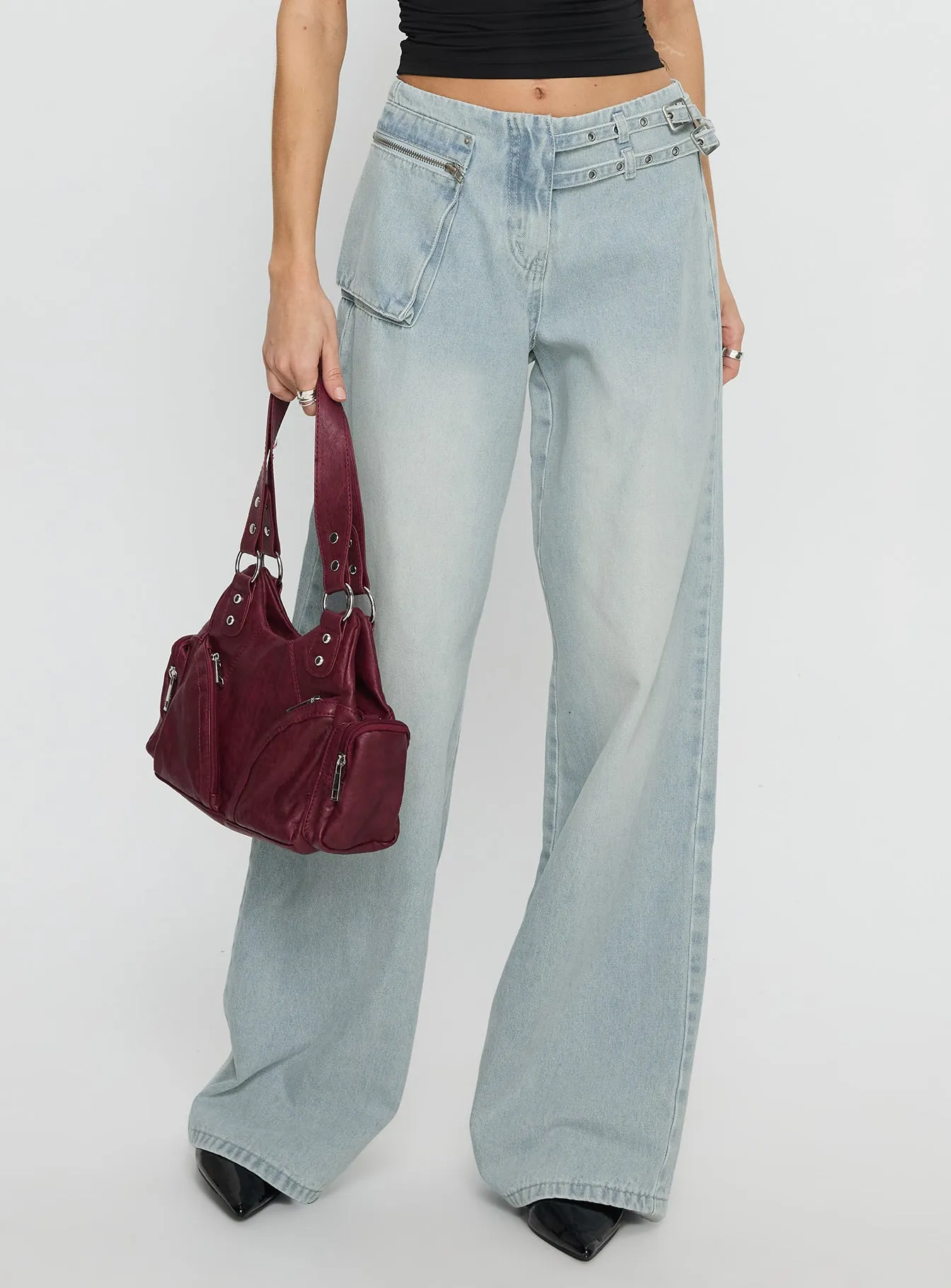 Paltrow Mid Rise Wide Leg Cargo Jeans Faded Blue Wash Chill Outfit Smart Utility