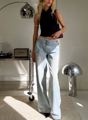 Paltrow Mid Rise Wide Leg Cargo Jeans Faded Blue Wash Relaxed Aesthetic Weekend Style Stretch Bold Look