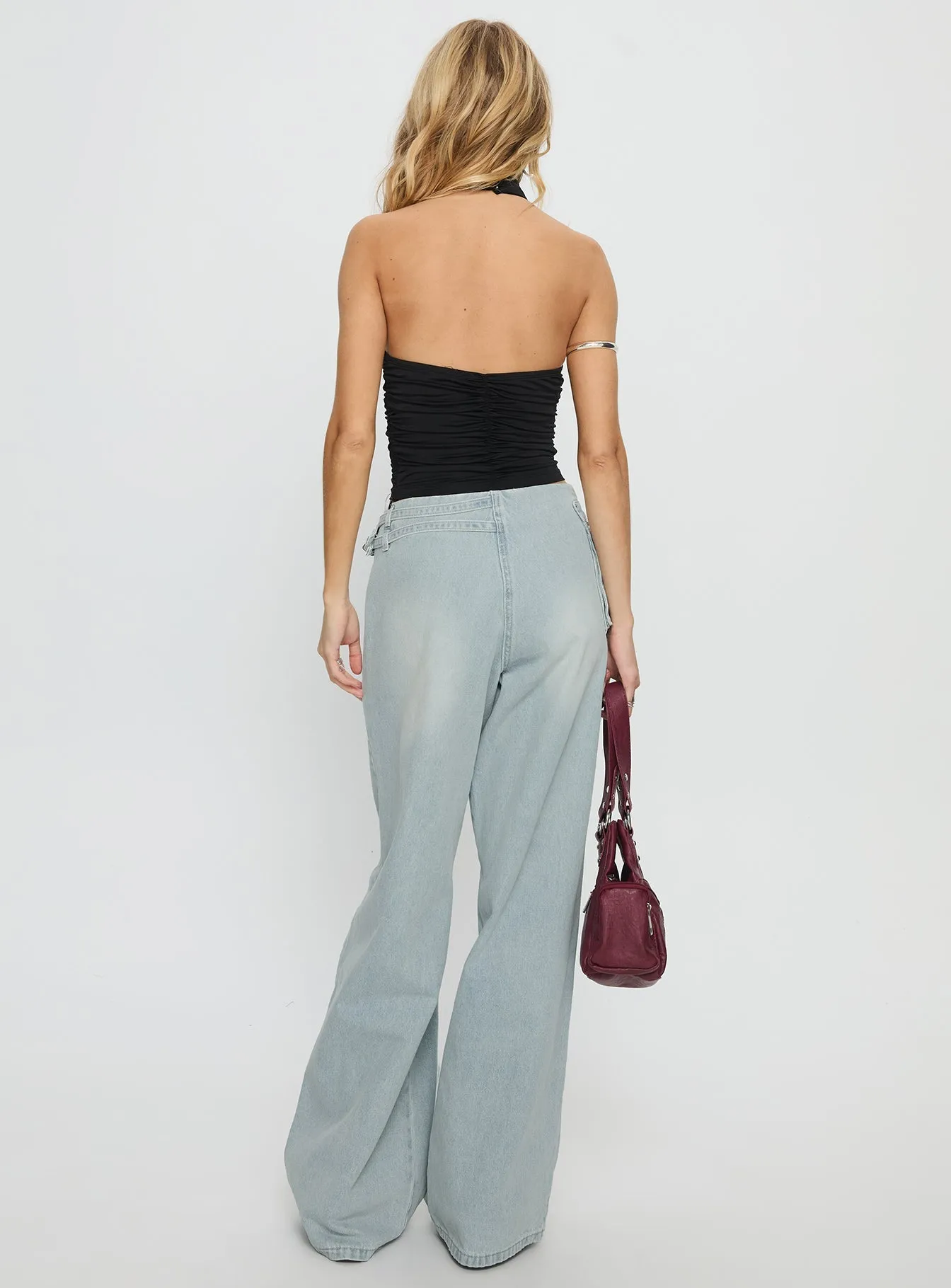 Chic Simplicity Go-To Choice Paltrow Mid Rise Wide Leg Cargo Jeans Faded Blue Wash