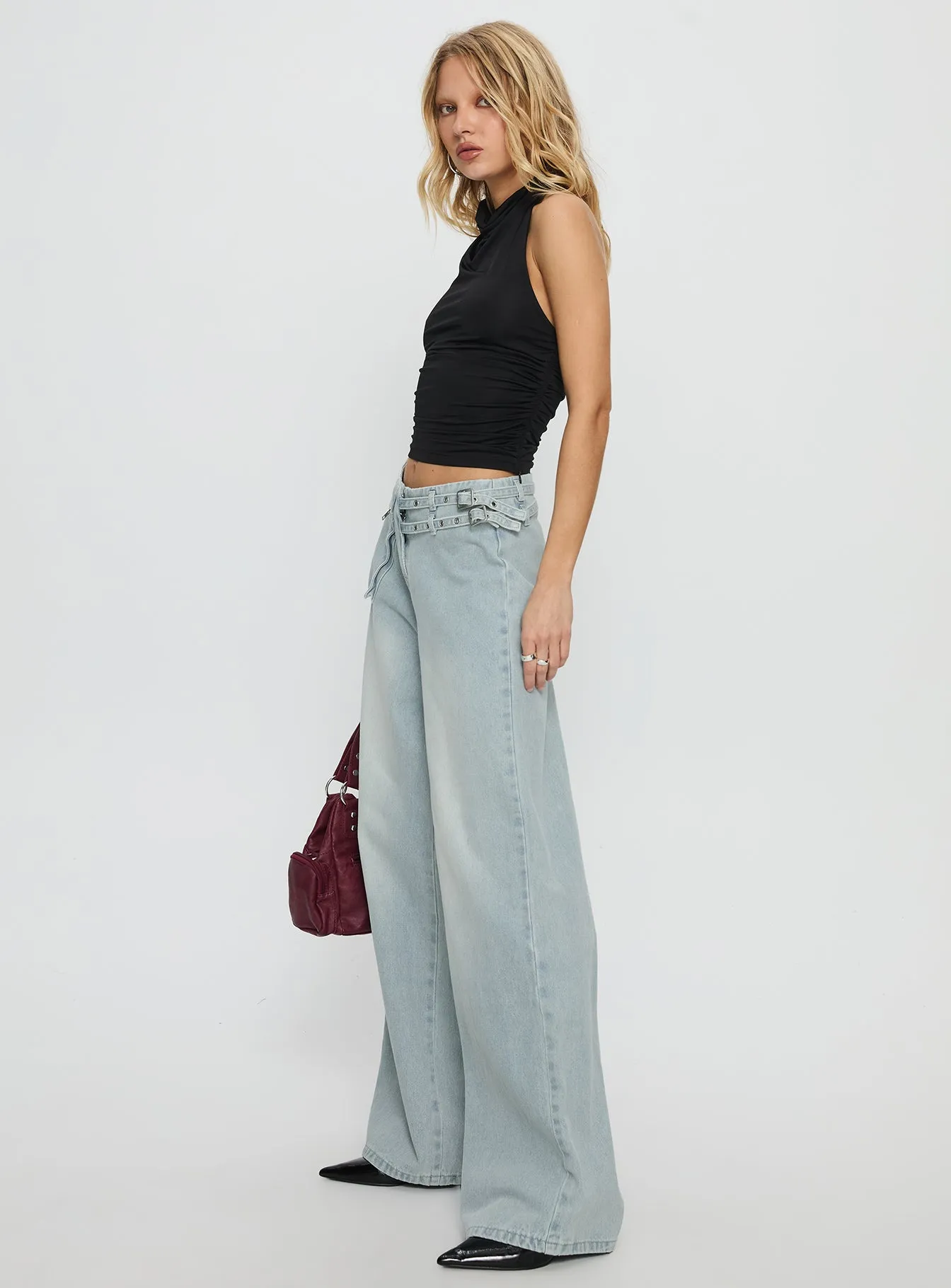 Paltrow Mid Rise Wide Leg Cargo Jeans Faded Blue Wash Soft Sustainable Cool Classic