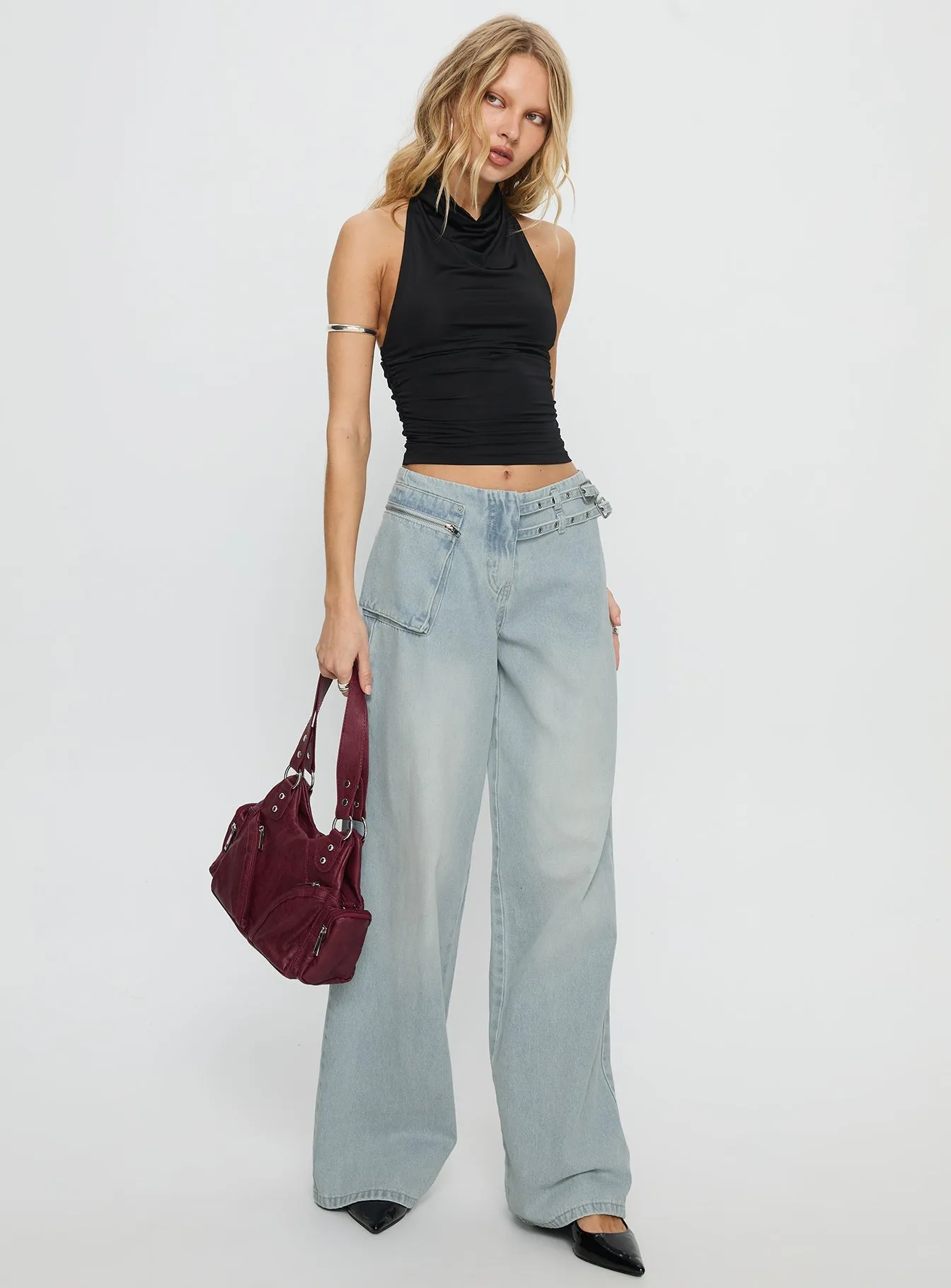 Versatile Everyday Wear Rugged Feel Paltrow Mid Rise Wide Leg Cargo Jeans Faded Blue Wash