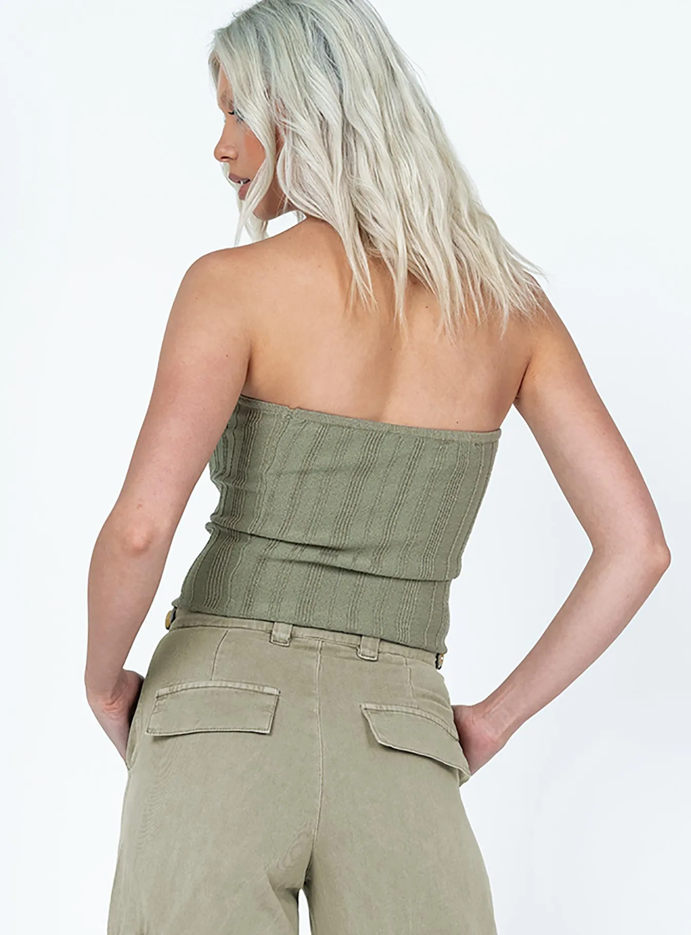 SnagProof Recycled Polyester Belle Knit Strapless Top Khaki