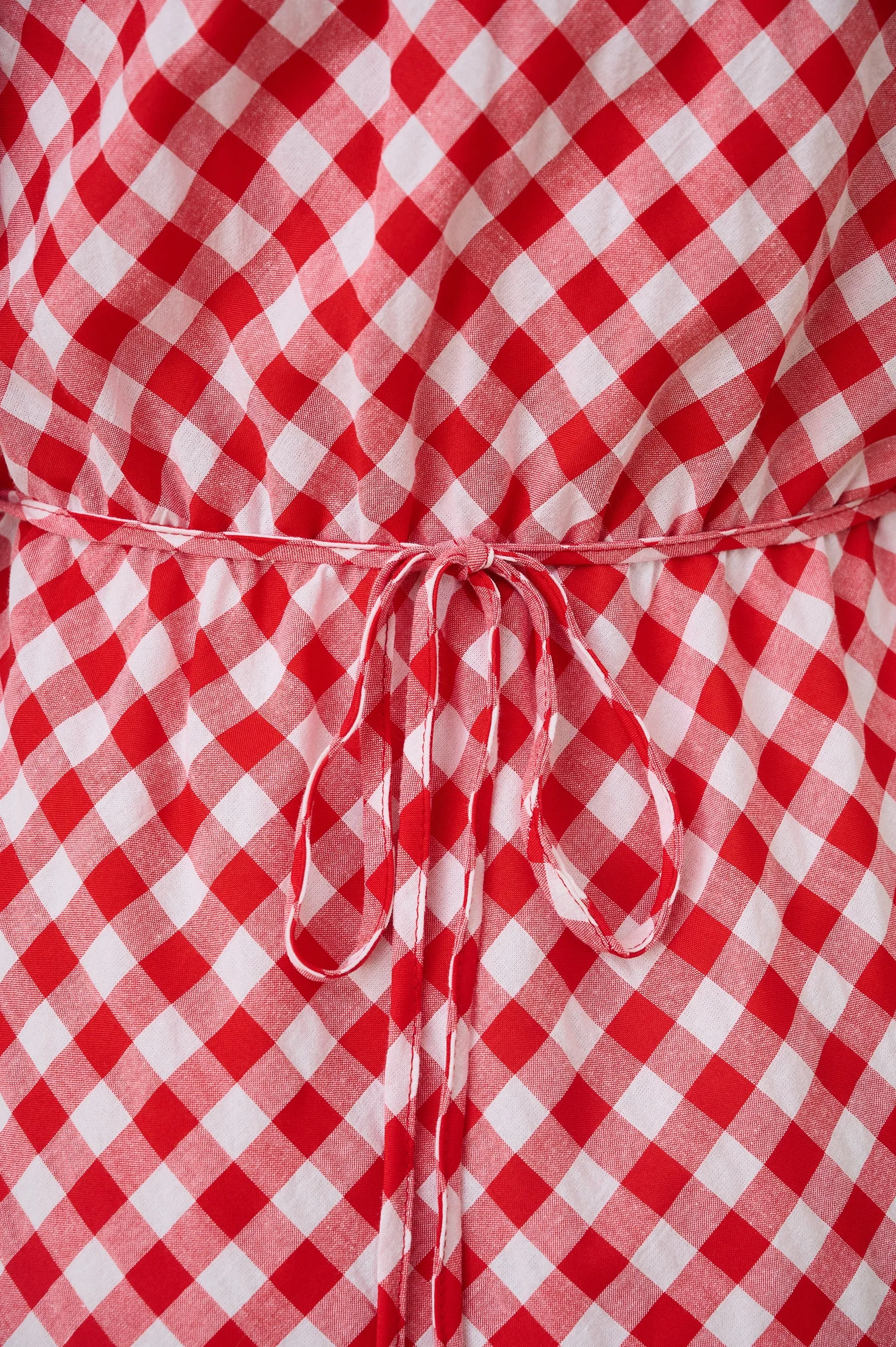 Red Gingham Maxi Dress with Sleeve DoubleLayered Structure
