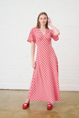 ThermalInsulated Teen Fresh Red Gingham Maxi Dress with Sleeve