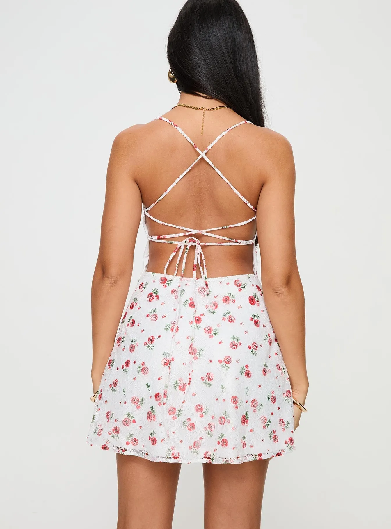 Celena Lace Mini Dress White / Red Floral Bohemian Look Scene Flash