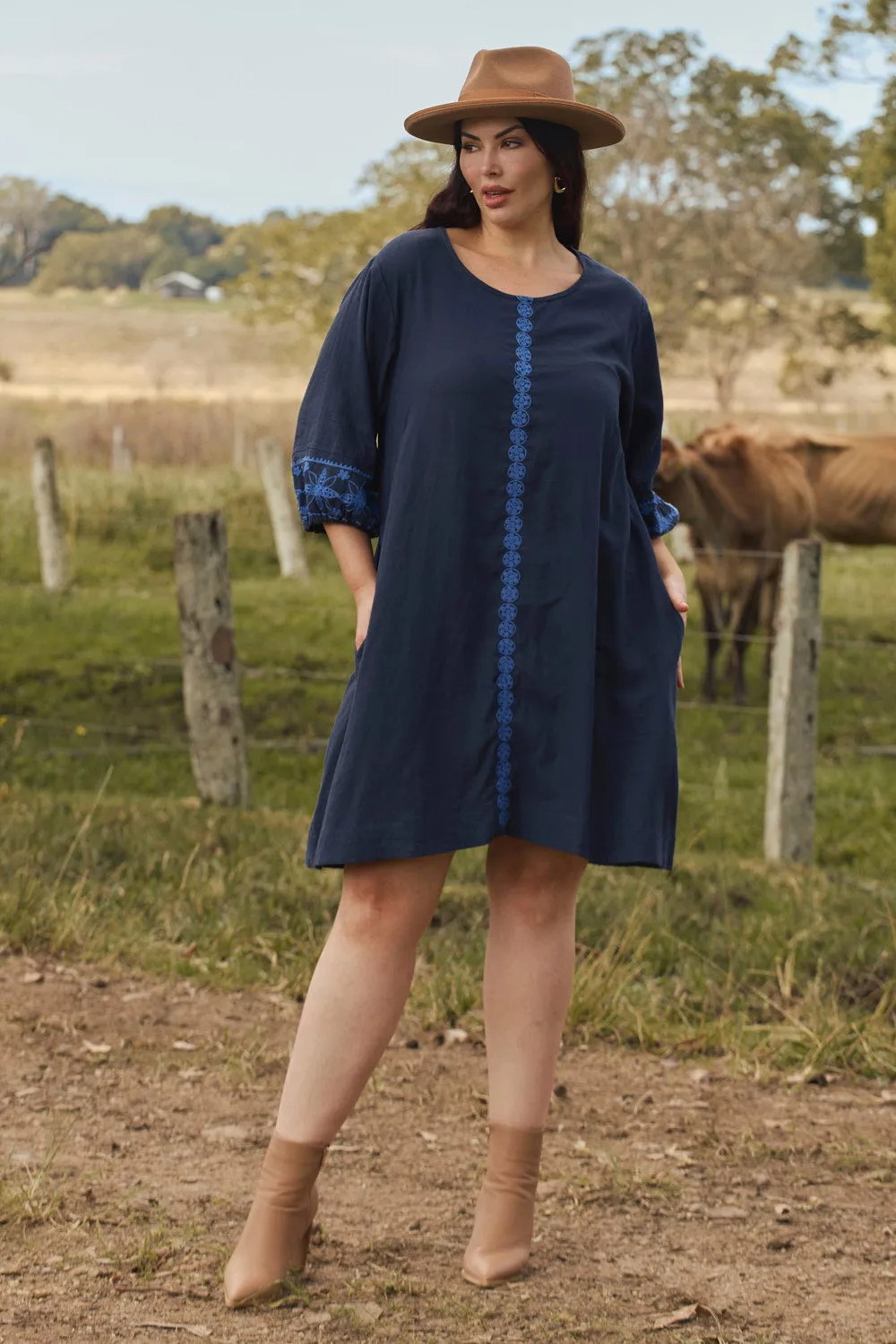 Hazel Short Shift Dress in Navy Old Lace Dance Light MoistureControlClothing