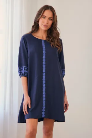 Hazel Short Shift Dress in Navy Old Lace Lift Mode Summer Air