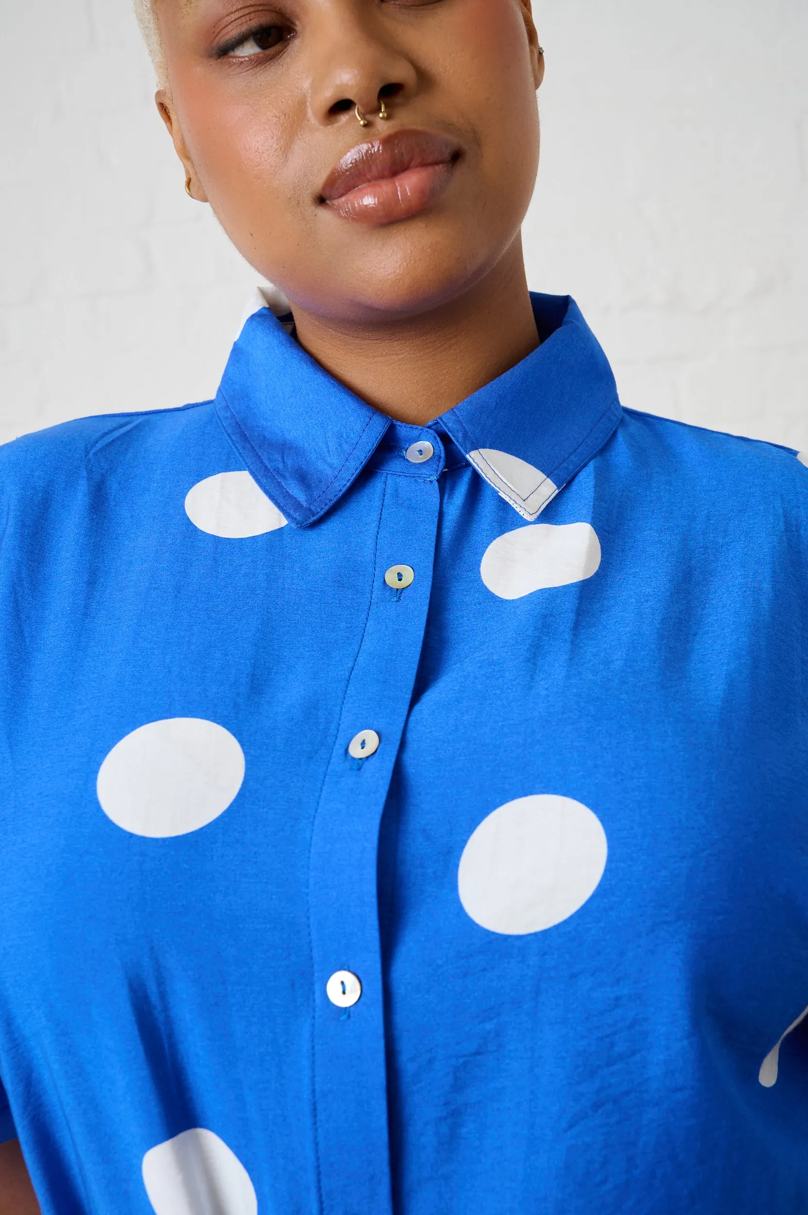 Spark Soul Wide Glow Maxi Shirtdress in Cobalt Spot