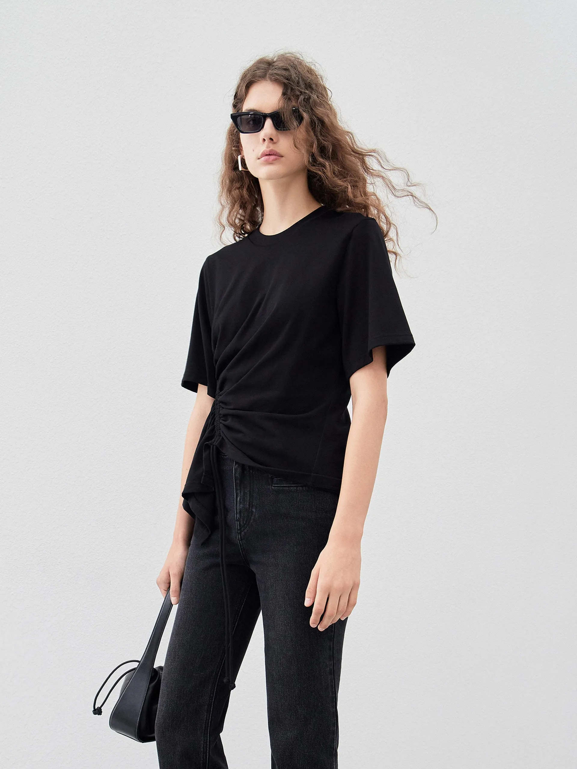 Pleated Cotton T-shirt with Drawstring QuickDry