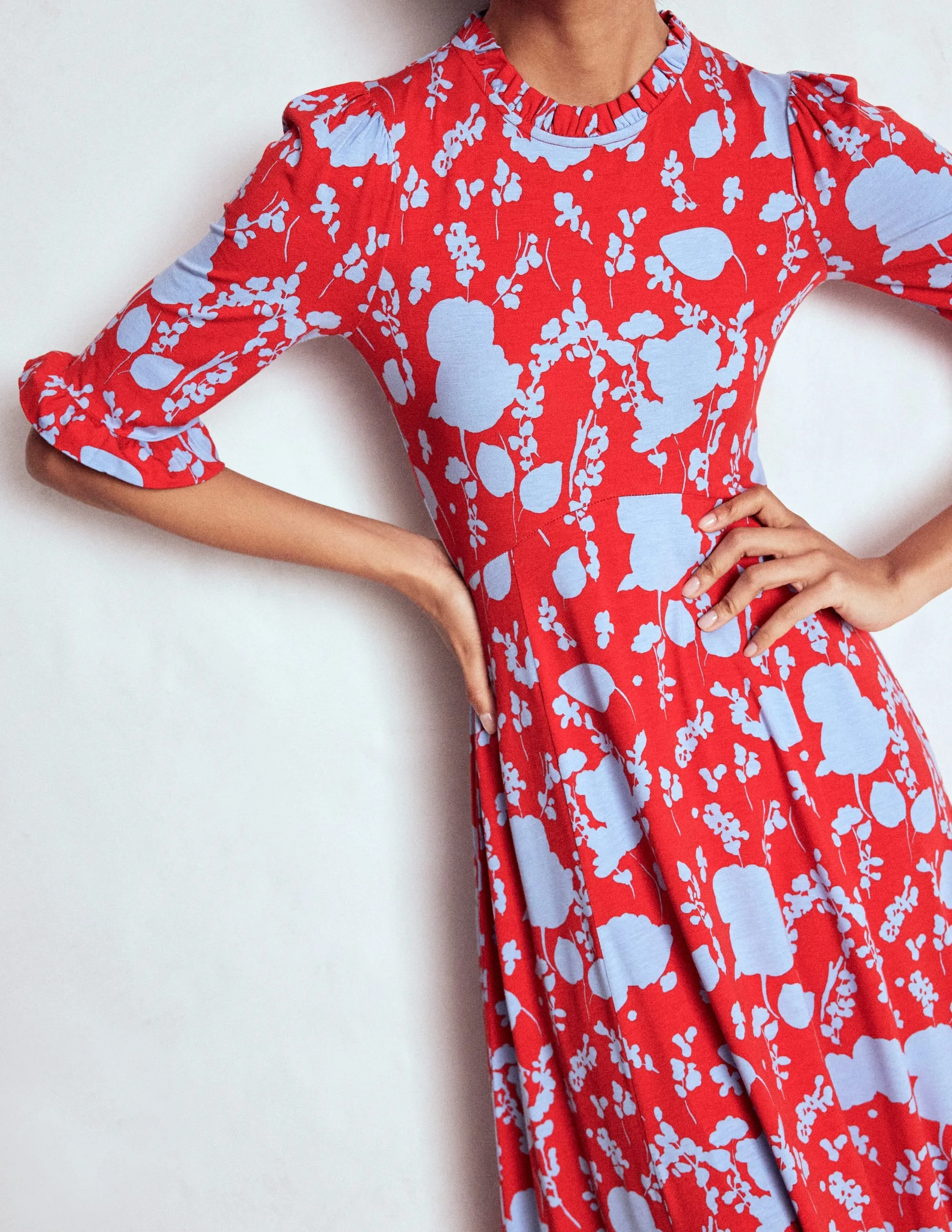 Bird Call Elegant semi-formal gown Ruffle Seamed Midi Dress-Poppy Red, Dainty Sprigs