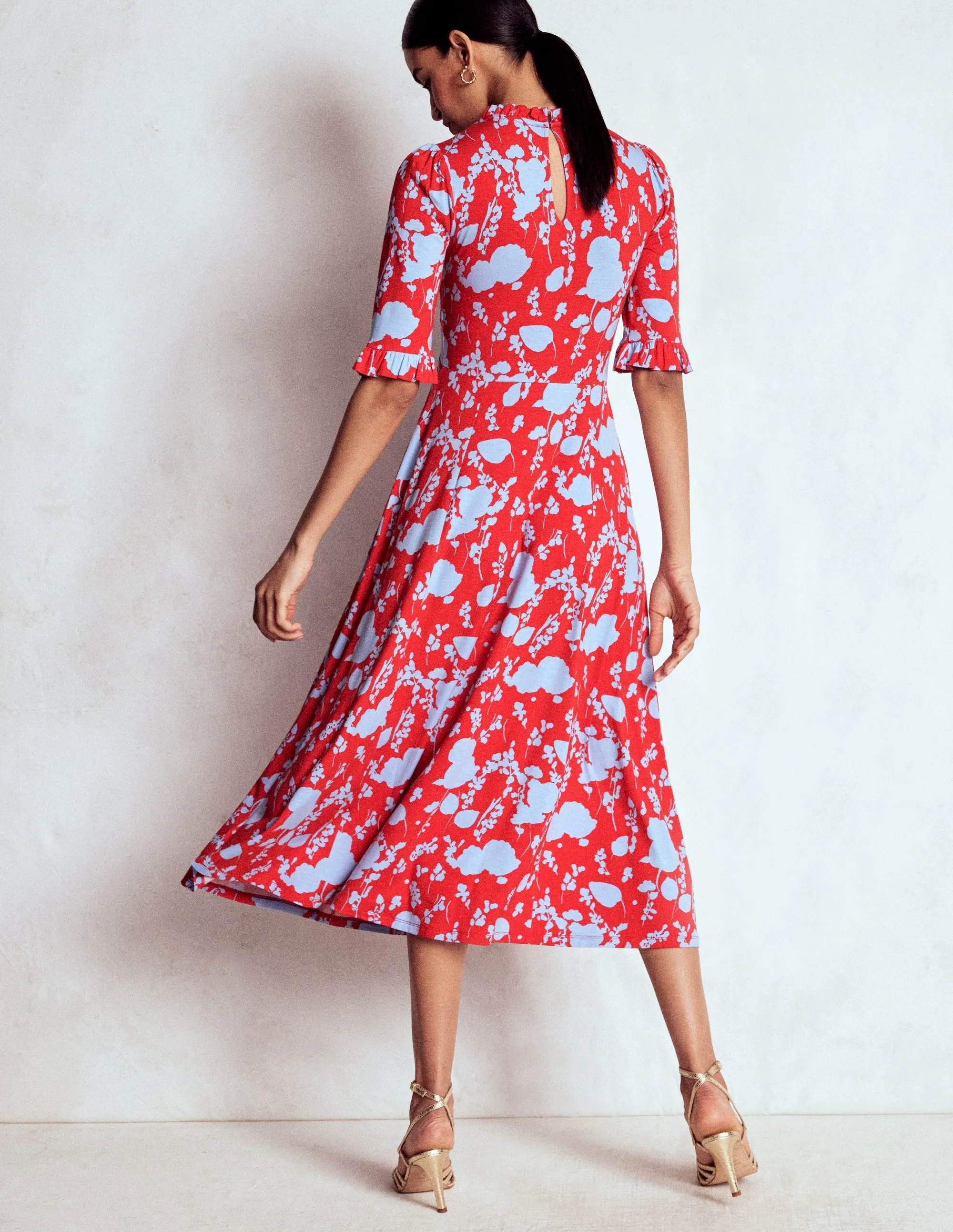 Wool Warm Day To Night Look Ruffle Seamed Midi Dress-Poppy Red, Dainty Sprigs