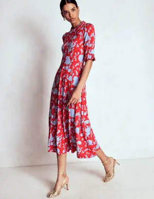 Ruffle Seamed Midi Dress-Poppy Red, Dainty Sprigs Spring Tone Soft draping fabric dress