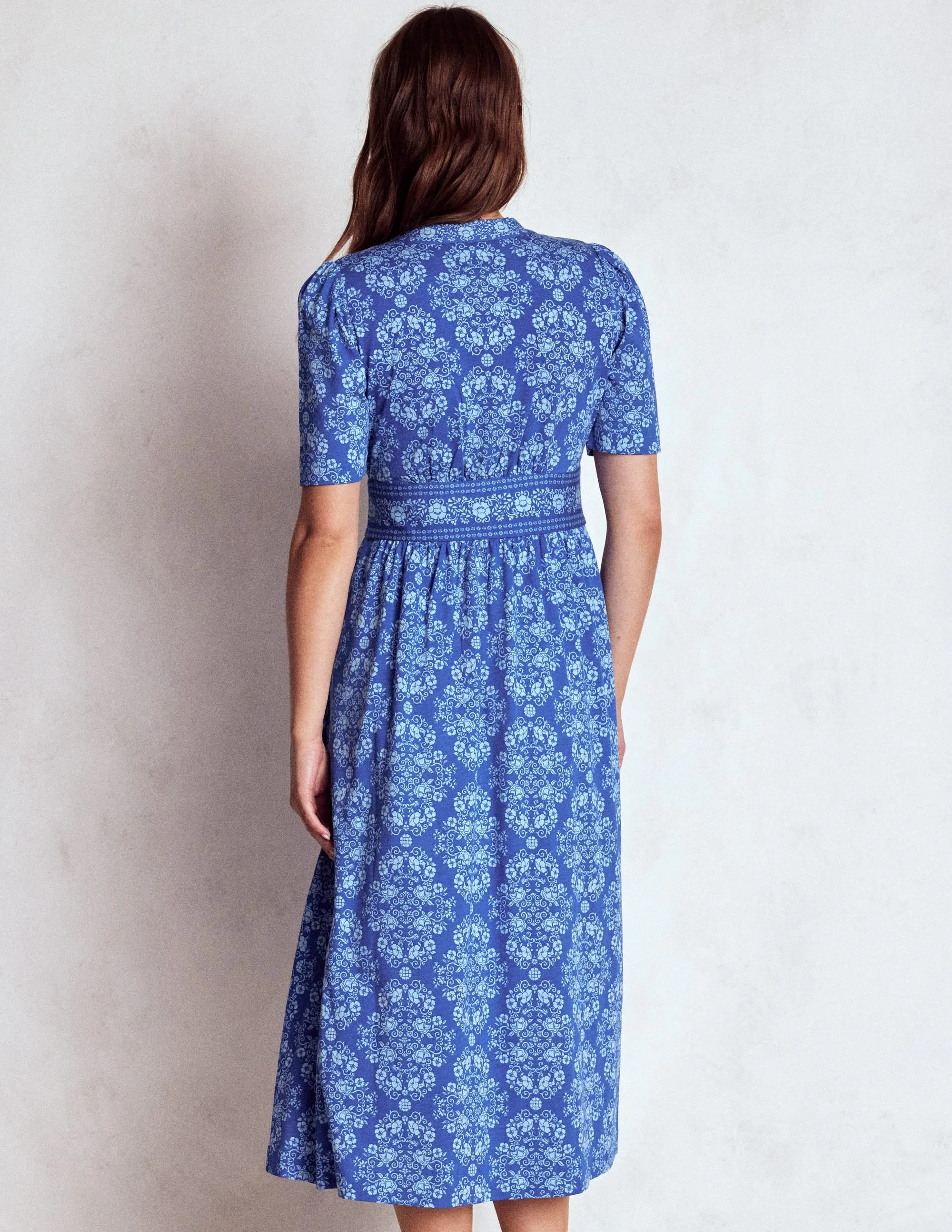 Elegant office dress Romantic casual midi Natalia Jersey Tea Dress-Bright Blue, Ornamental