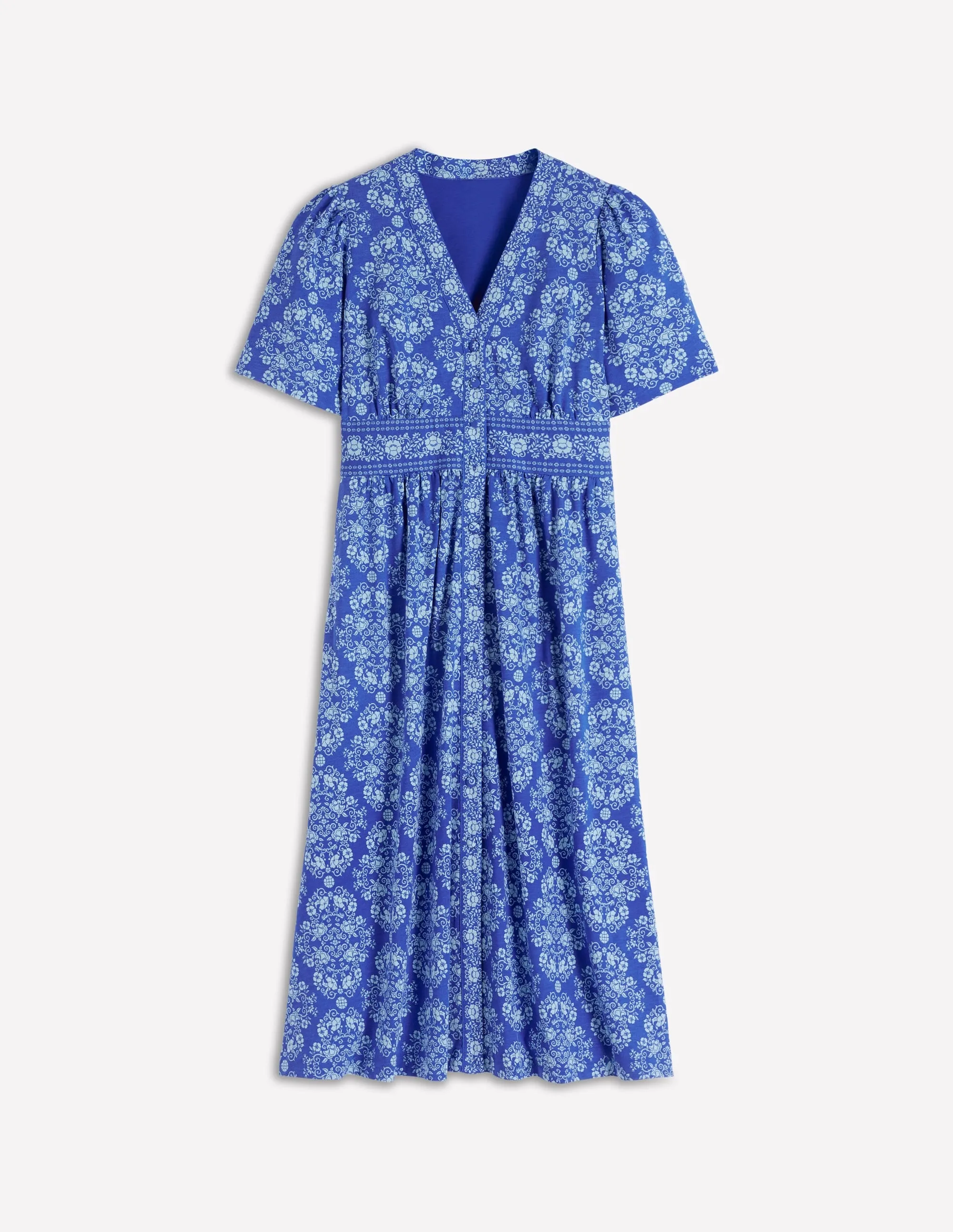 Natalia Jersey Tea Dress-Bright Blue, Ornamental Elegant dress for brunch Flattering Outfit