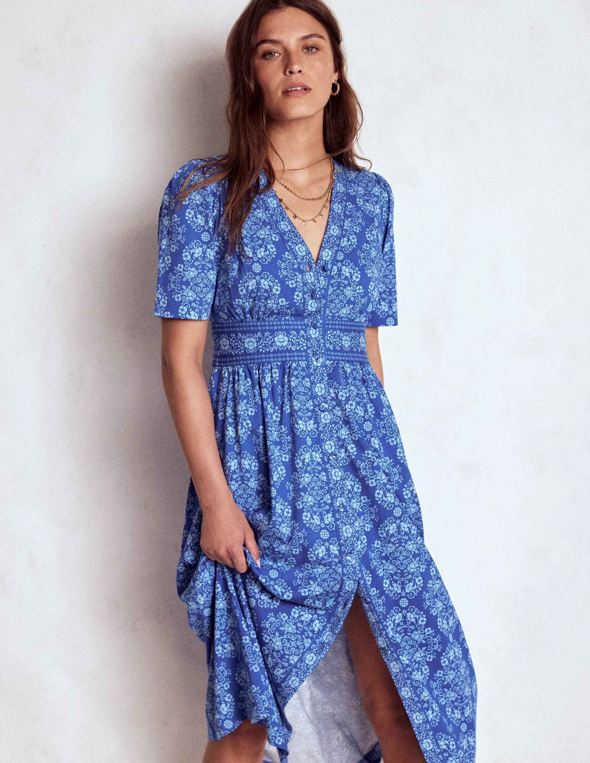 Natalia Jersey Tea Dress-Bright Blue, Ornamental Romantic casual midi