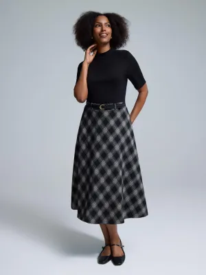 warm glow Travel Light 2-Fer Mock Neck Plaid Midi Dress