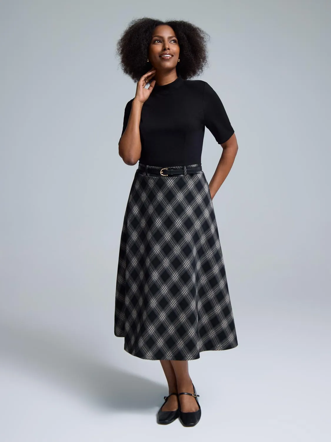 2-Fer Mock Neck Plaid Midi Dress Romantic Soul