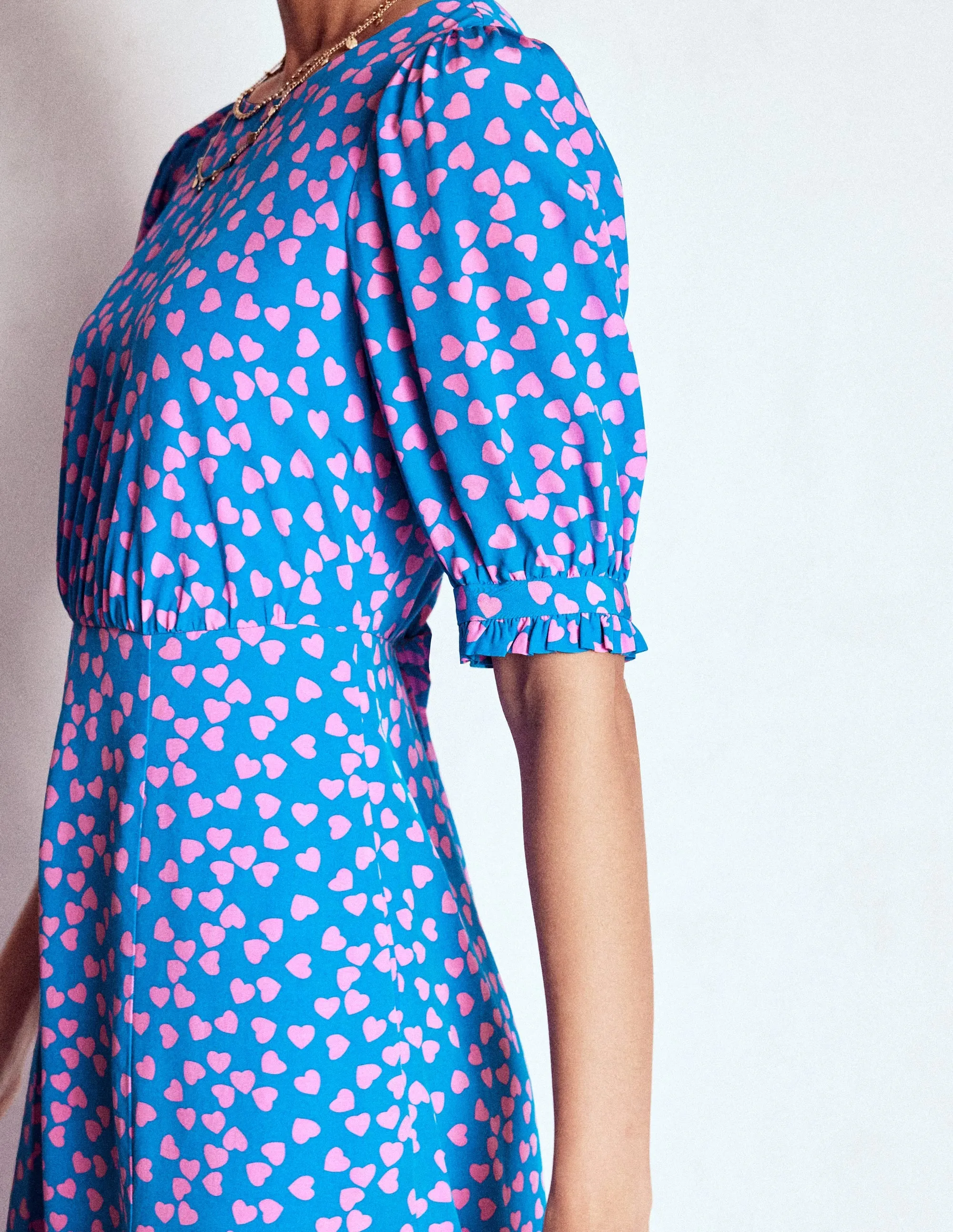 Work Wear All Season Wear Blanca Midi Tea Dress-Kingfisher Blue, Heart Cascade