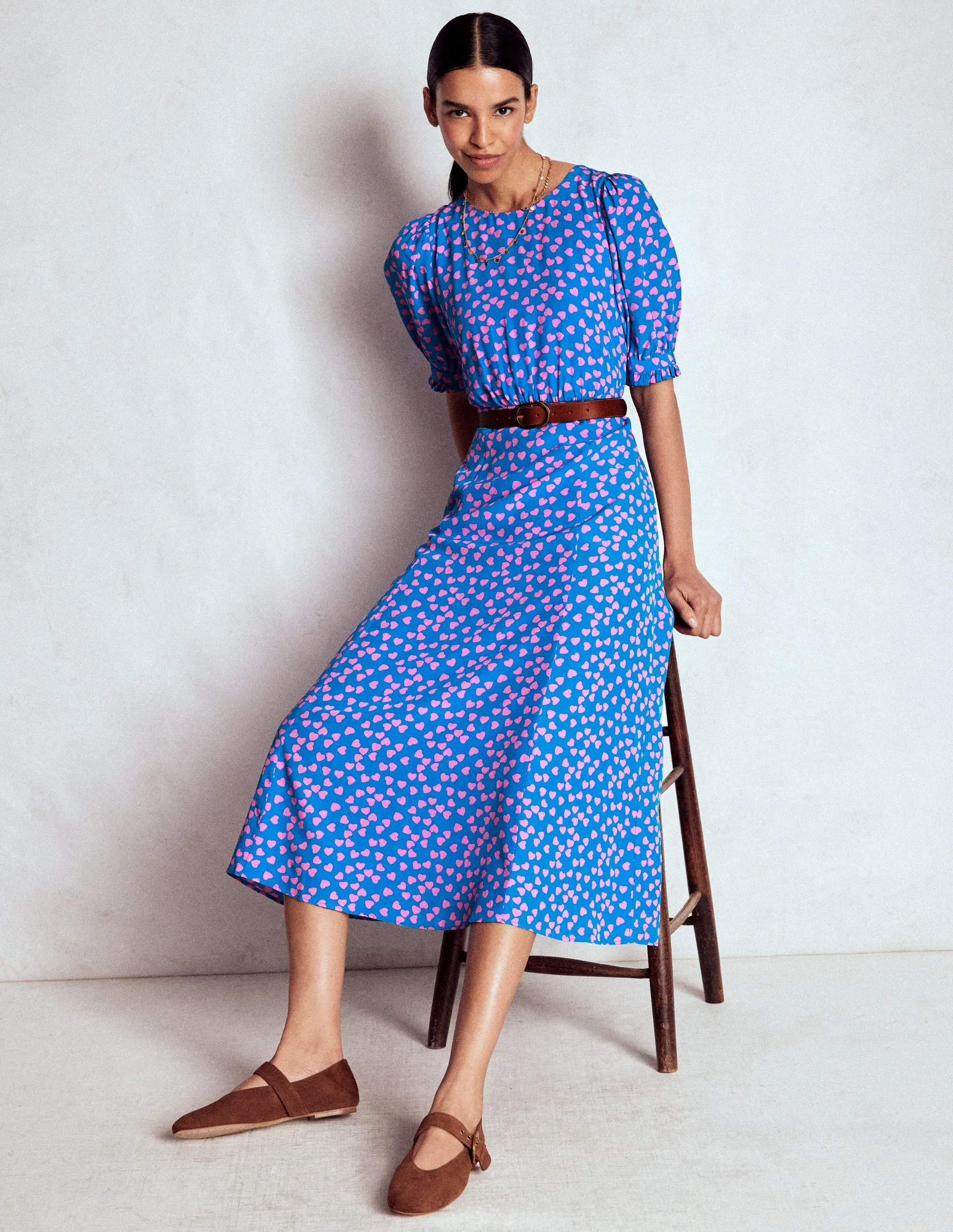 Blanca Midi Tea Dress-Kingfisher Blue, Heart Cascade Vintage Lover Daily Smart