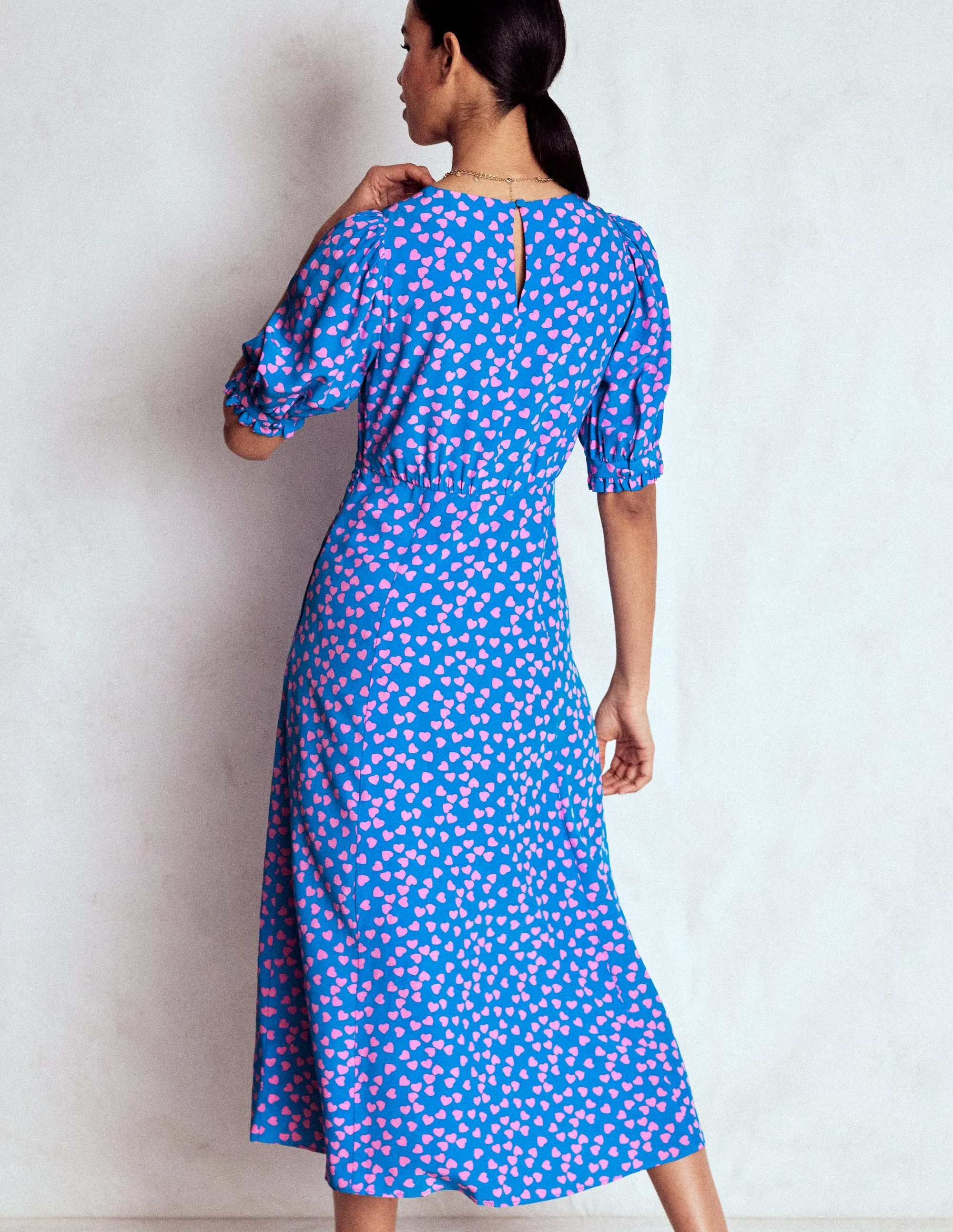 Romantic casual midi Blanca Midi Tea Dress-Kingfisher Blue, Heart Cascade