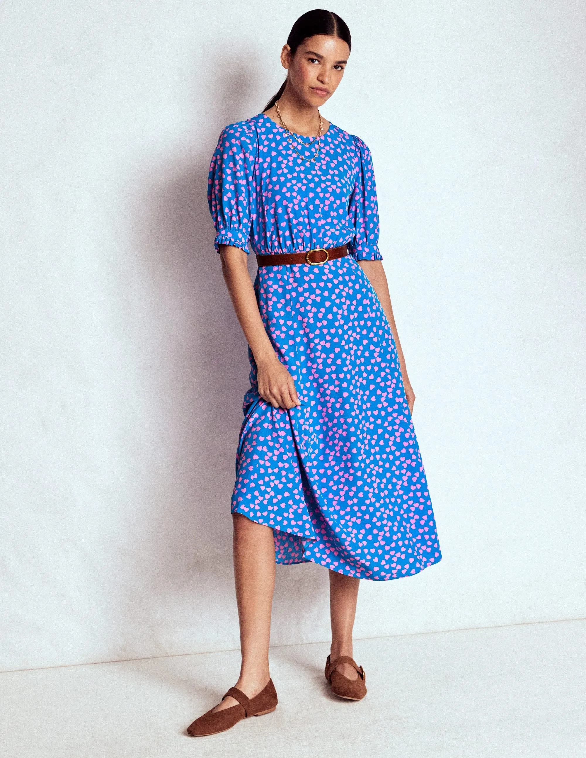 Elegant Option Soft fabric knee-length dress Blanca Midi Tea Dress-Kingfisher Blue, Heart Cascade