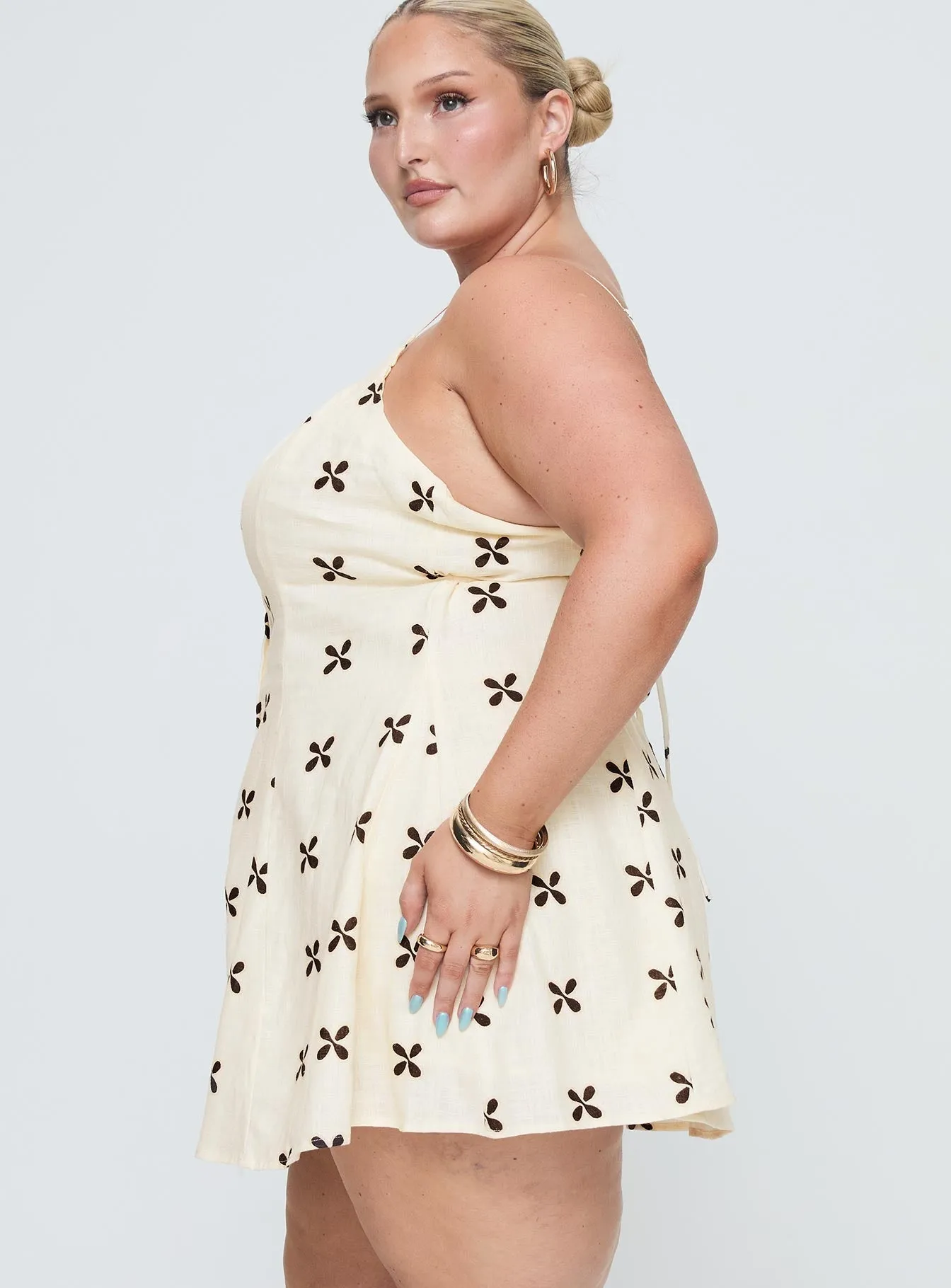 Elian Linen Blend Mini Dress Cream / Multi Curve Simple Style Boho chic