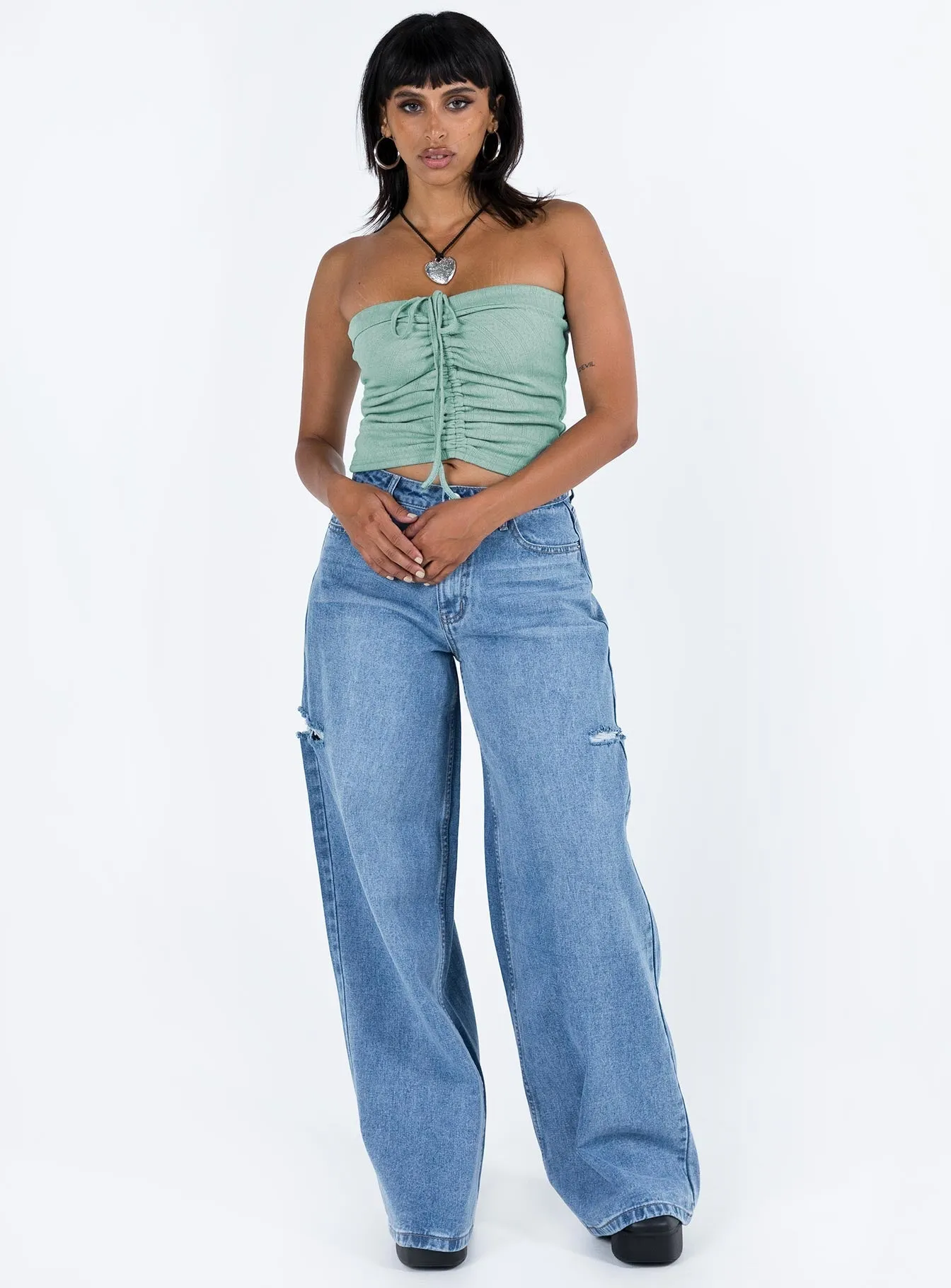 Relaxed Crew Neck Opening Stretch Woven Material Valetta Tube Top Blue