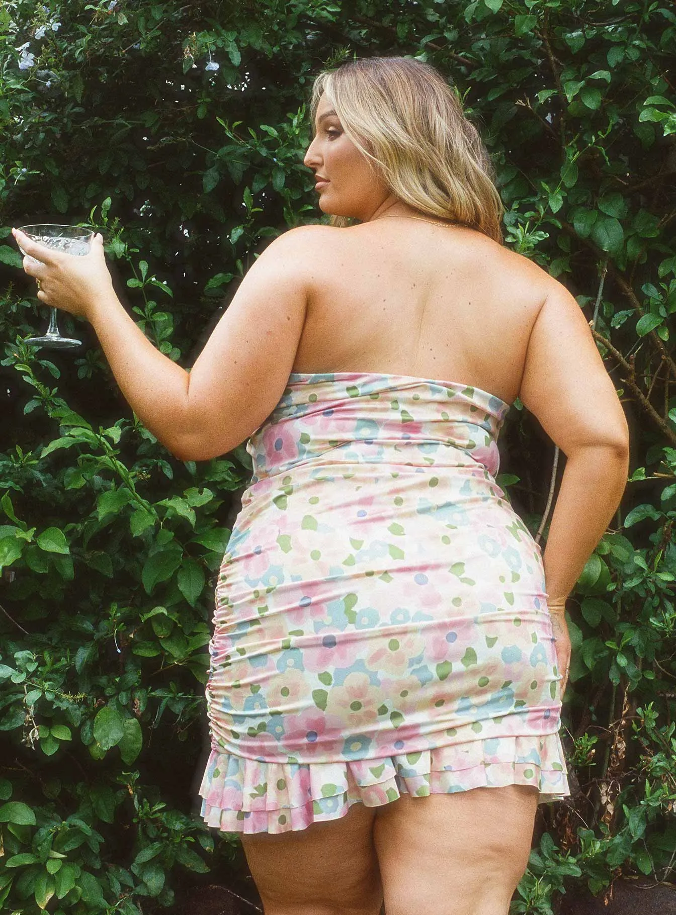 Adore You Strapless Ruffle Mini Dress Yellow Multi Curve party mode