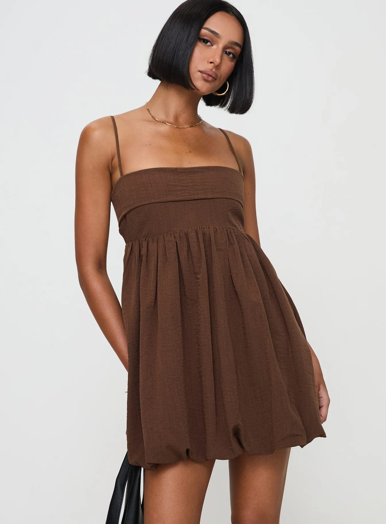 Stylish Wear Fun Glam Layken Bubble Hem Mini Dress Chocolate Tall