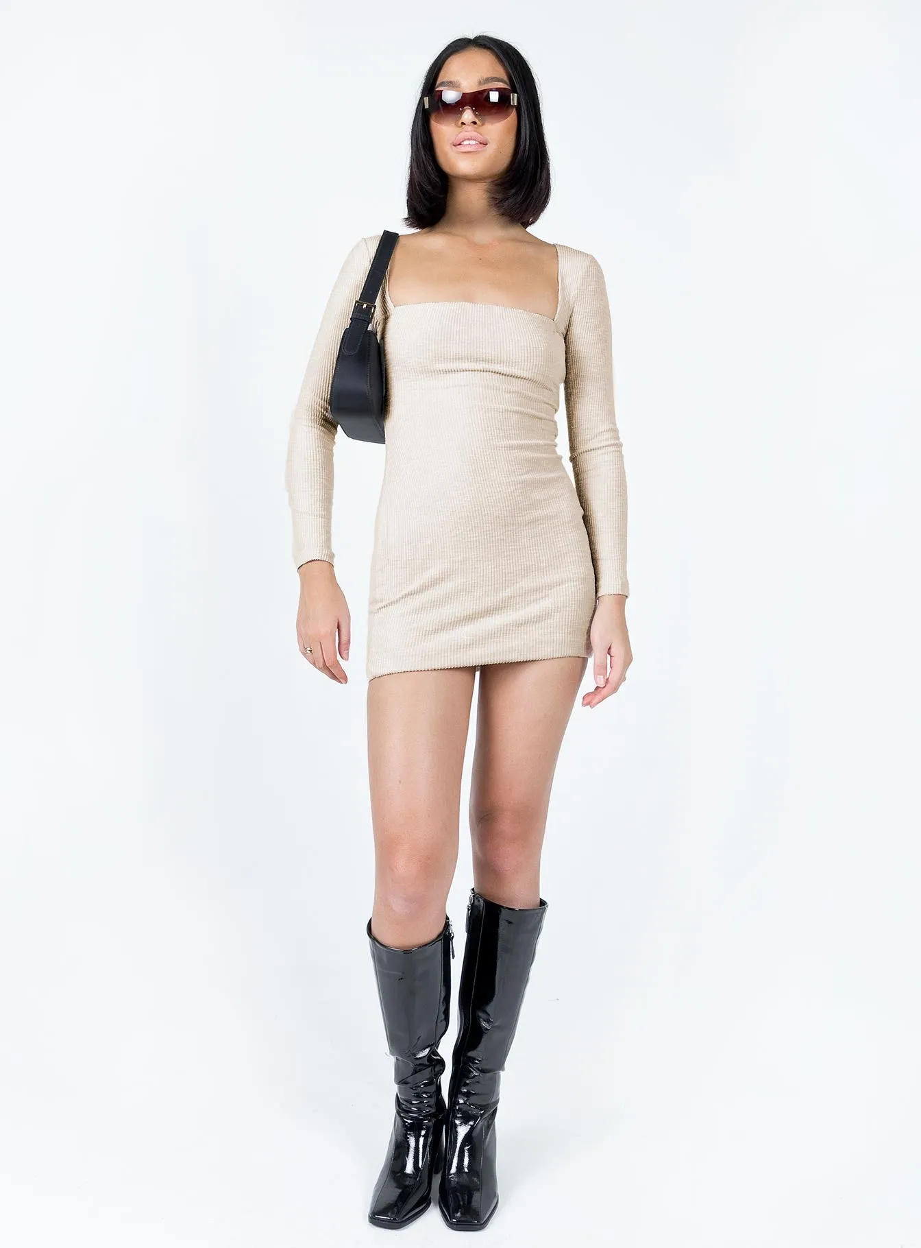 Melbourne Long Sleeve Mini Dress Beige Fashion Essential