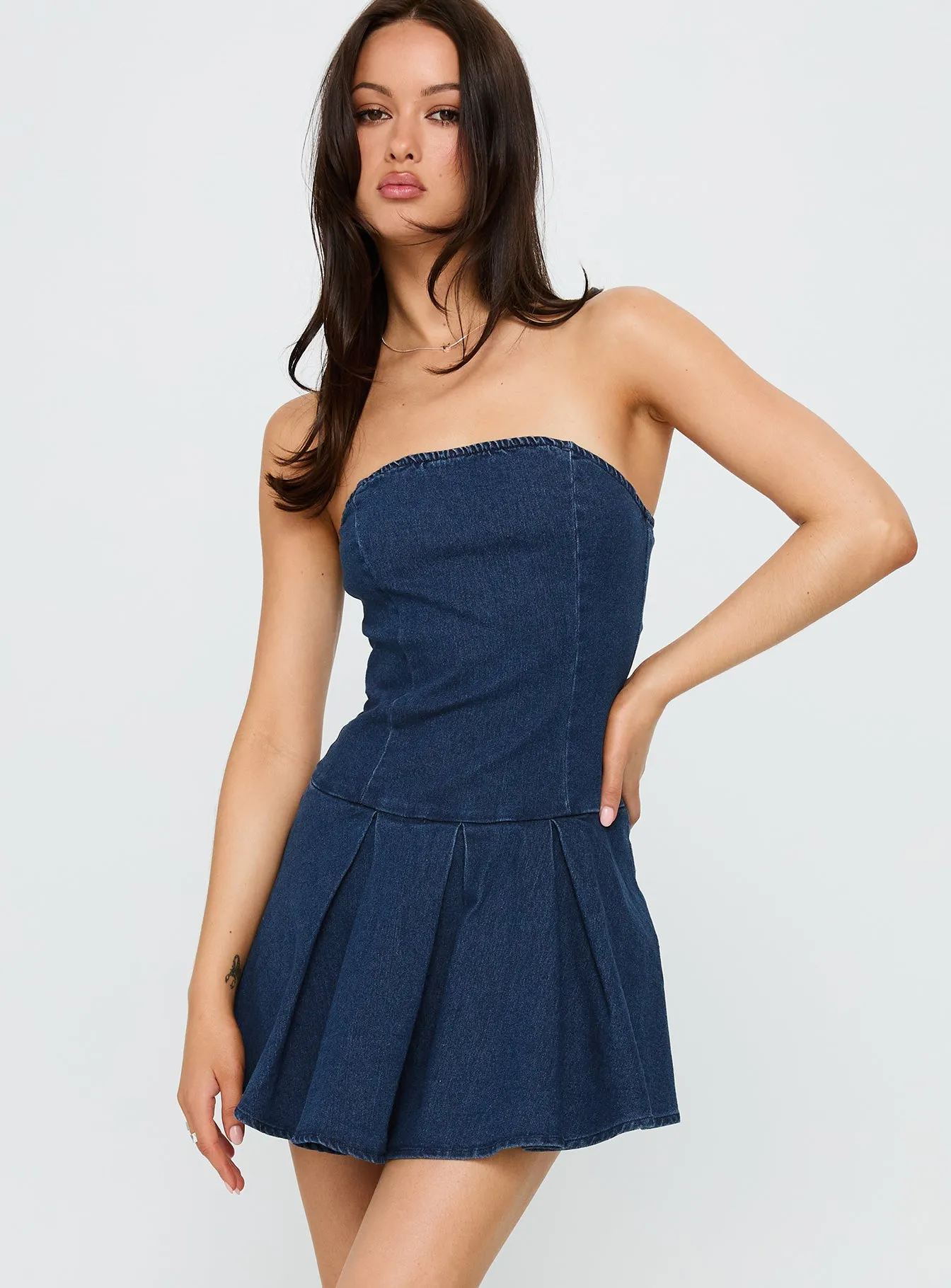 Fantastical Strapless Playsuit Dark Denim Layered Ruffle Accent