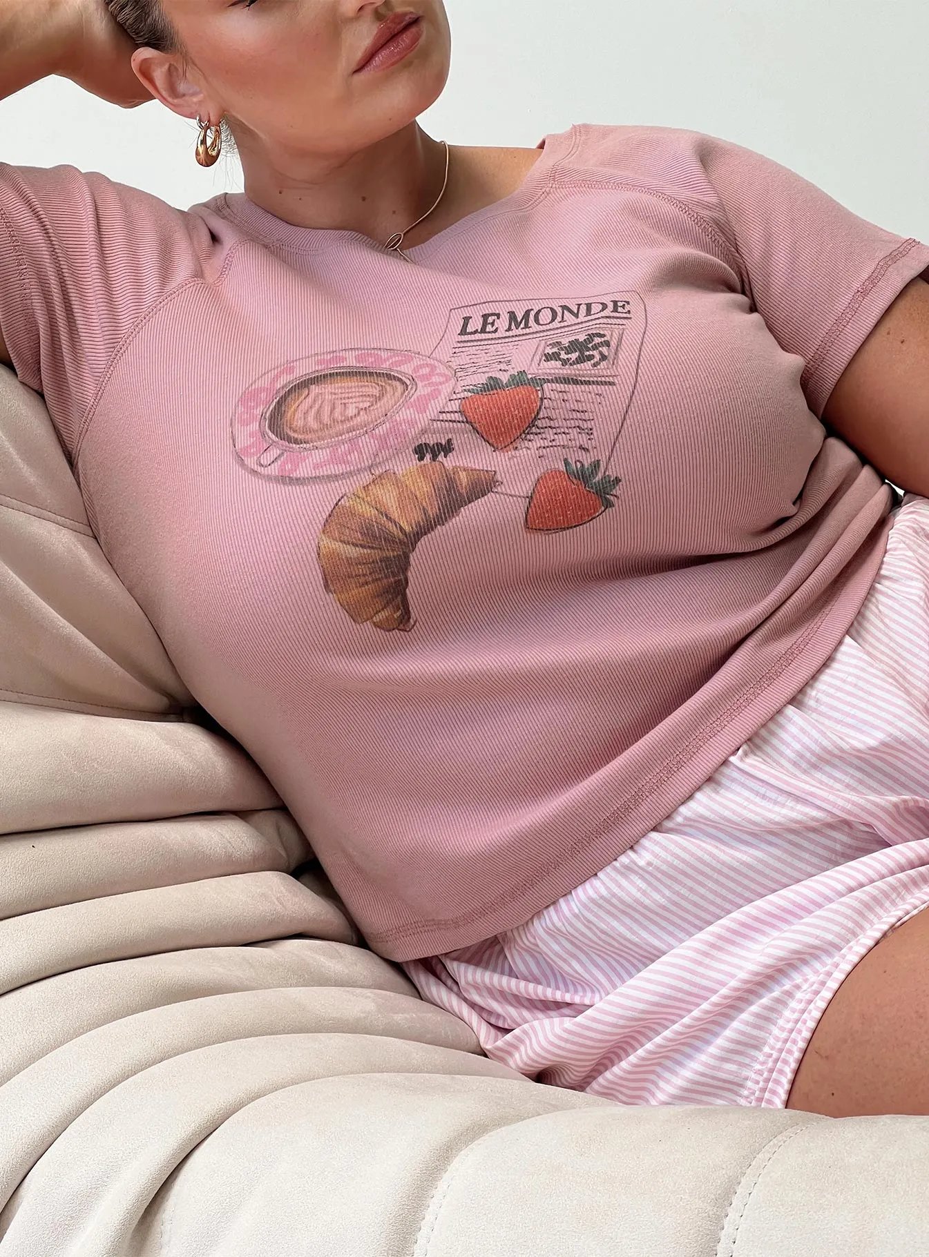 Casual Vibes Water Based Ink Print Breakfast Buffet Sleep Tee Pink Curve
