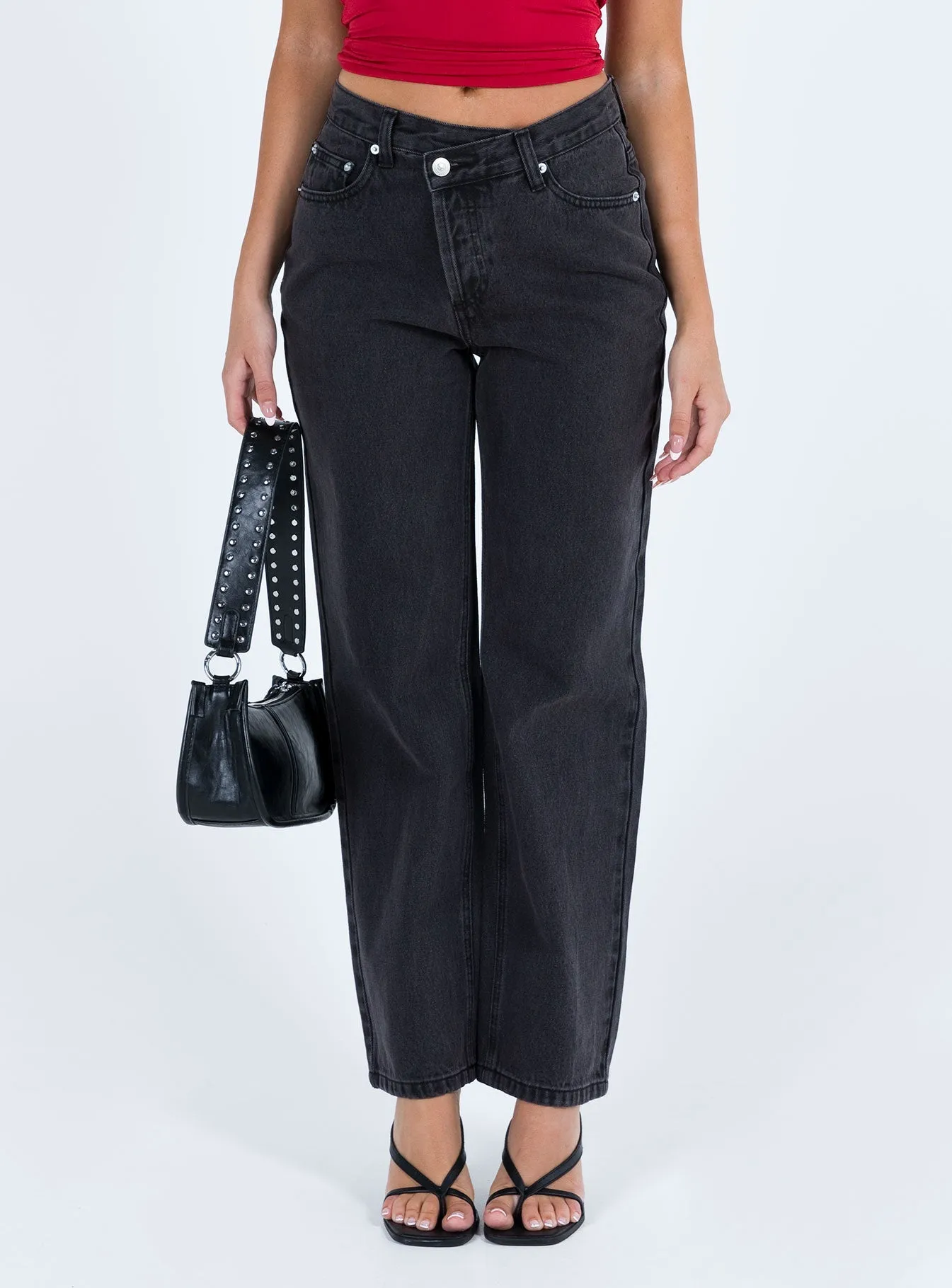 Holly Asymmetric Straight Leg Jean Black Denim Petite abrasion resistant coating All Round Piece