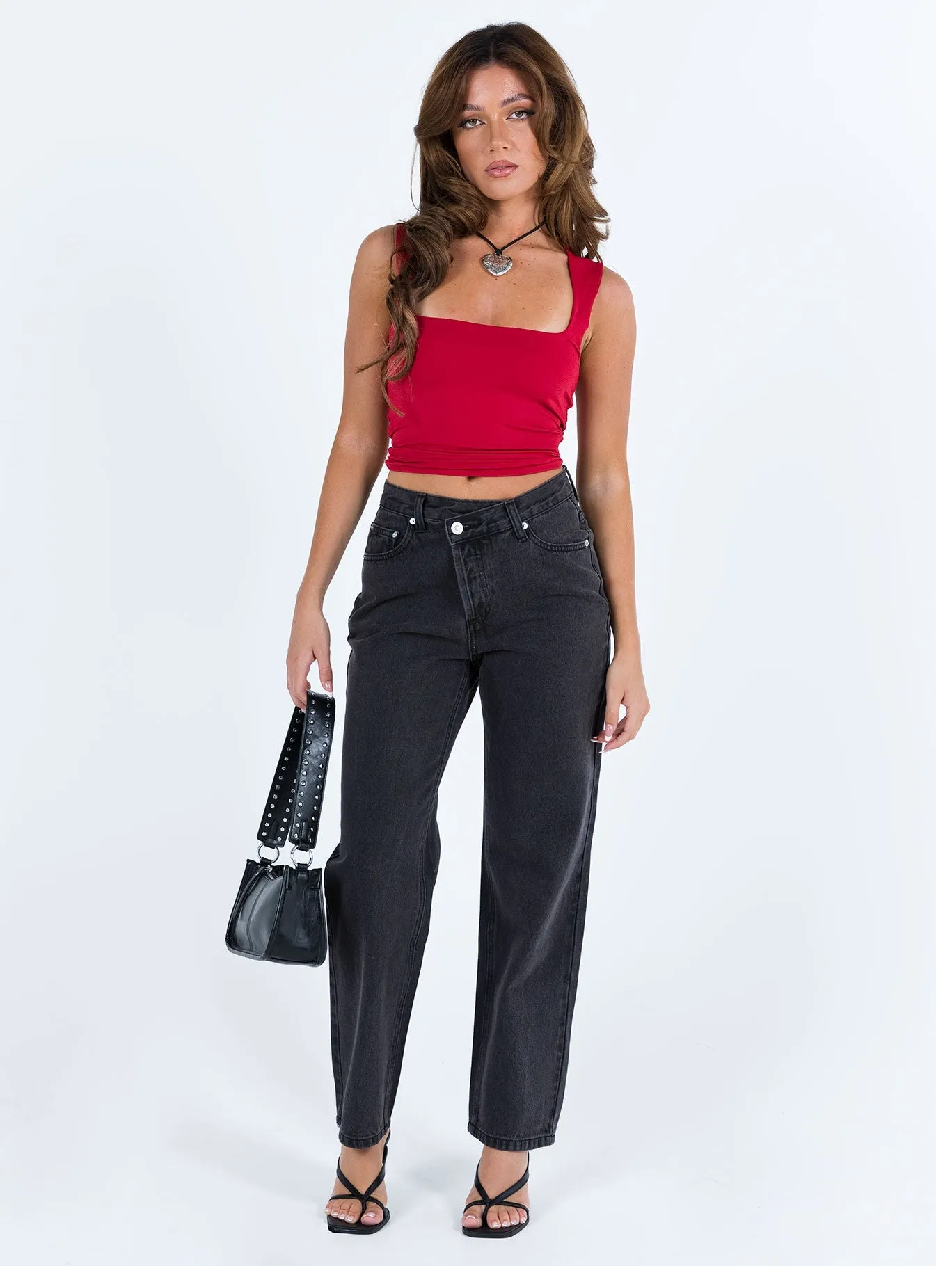 Holly Asymmetric Straight Leg Jean Black Denim Petite Morning Stroll Stretch