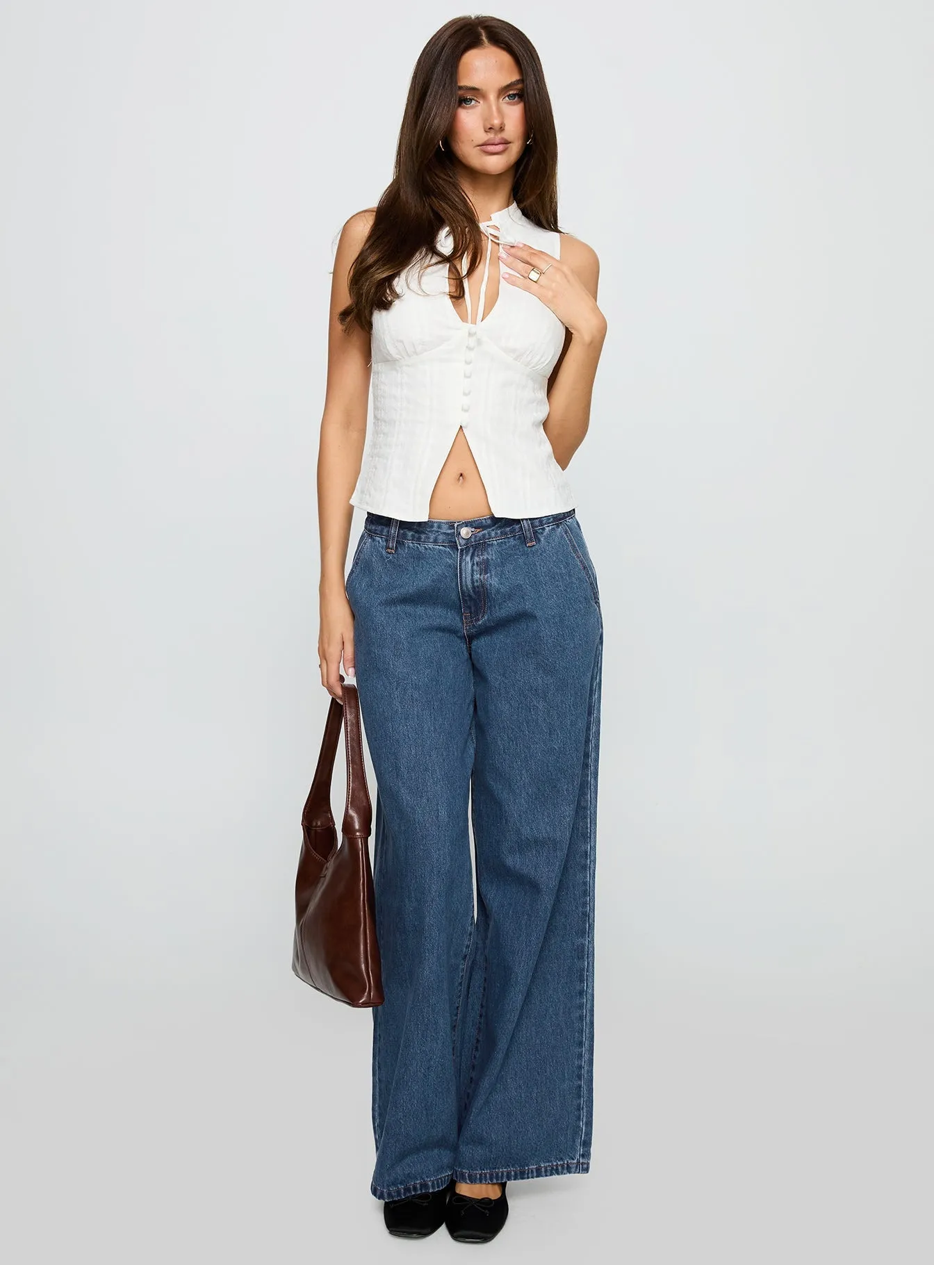 Hyde Low Rise Wide Leg Jeans Mid Blue Work Ready Lightweight Textured
