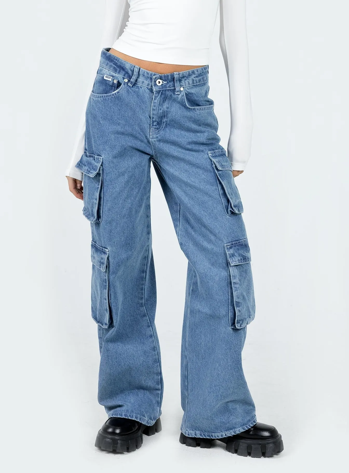 Holiday Vibes Stretch The Ragged Priest Mid Blue Combat Jeans Organic Cotton Mid Blue