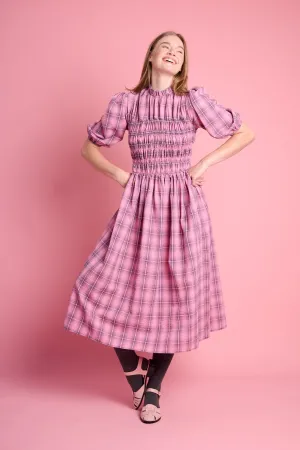 Shirring Cotton Dress in Pink Check City Casual Quick Core