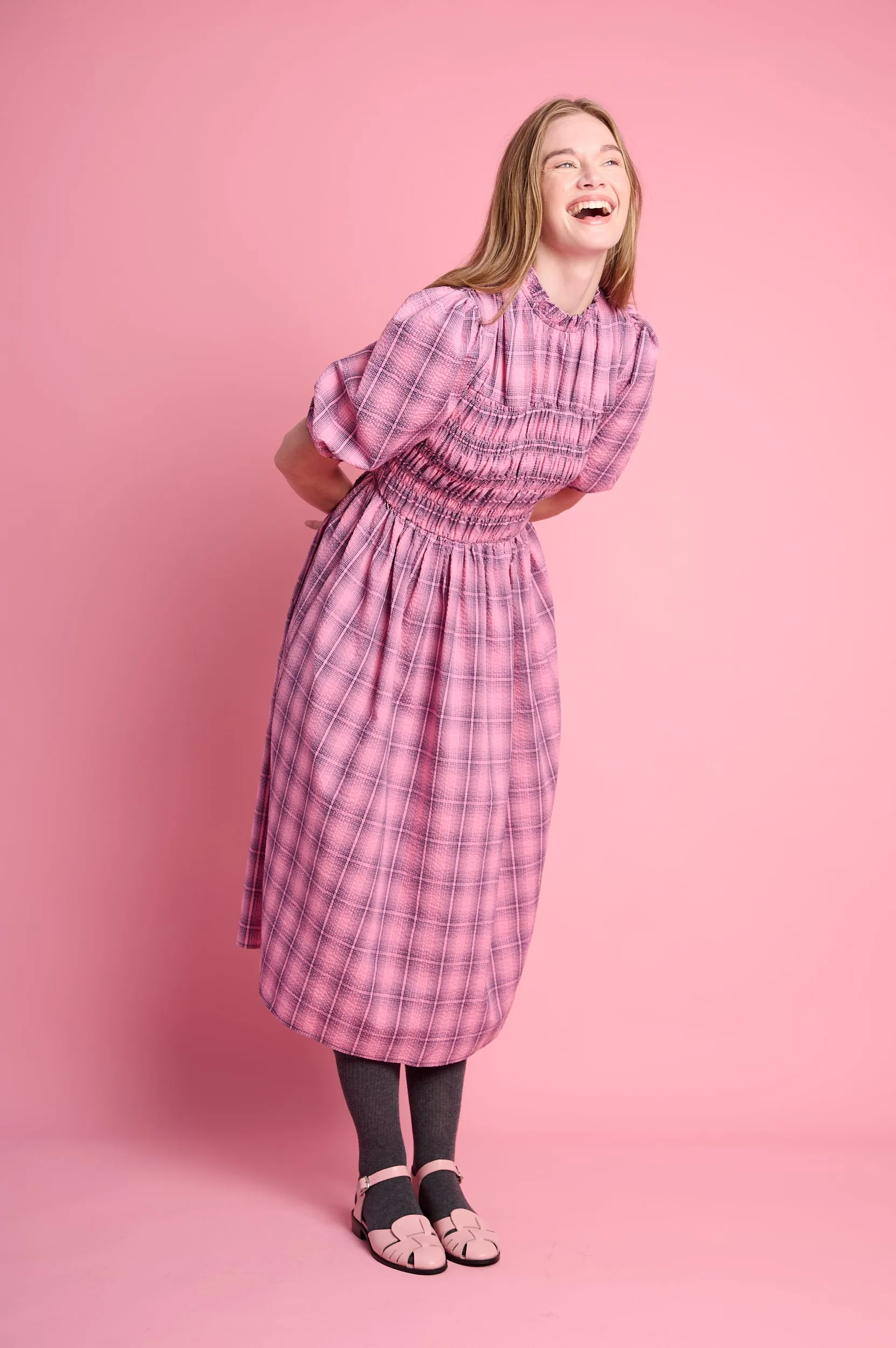 Shirring Cotton Dress in Pink Check Loose Thread Handmade Glow