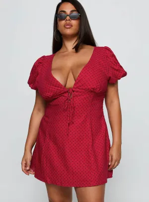 Show Pop Beloved Puff Sleeve Linen Blend Mini Dress Red Polka Curve