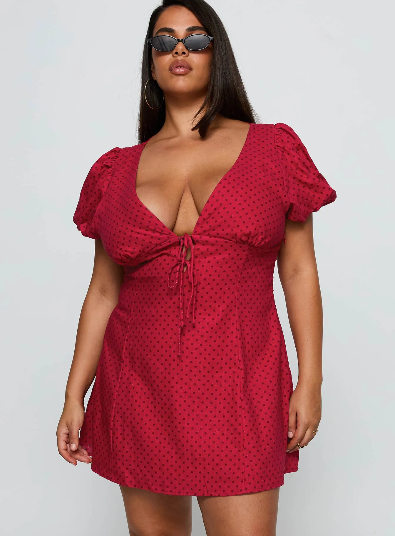 Show Pop Beloved Puff Sleeve Linen Blend Mini Dress Red Polka Curve